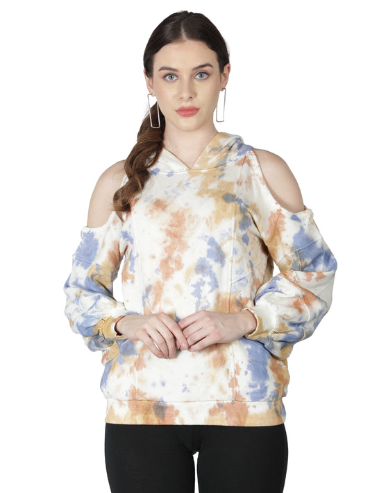 NUEVOSDAMAS Cotton Terry Tie & Dye Cold Shoulder Hooded Sweatshirt Beige/Multi
