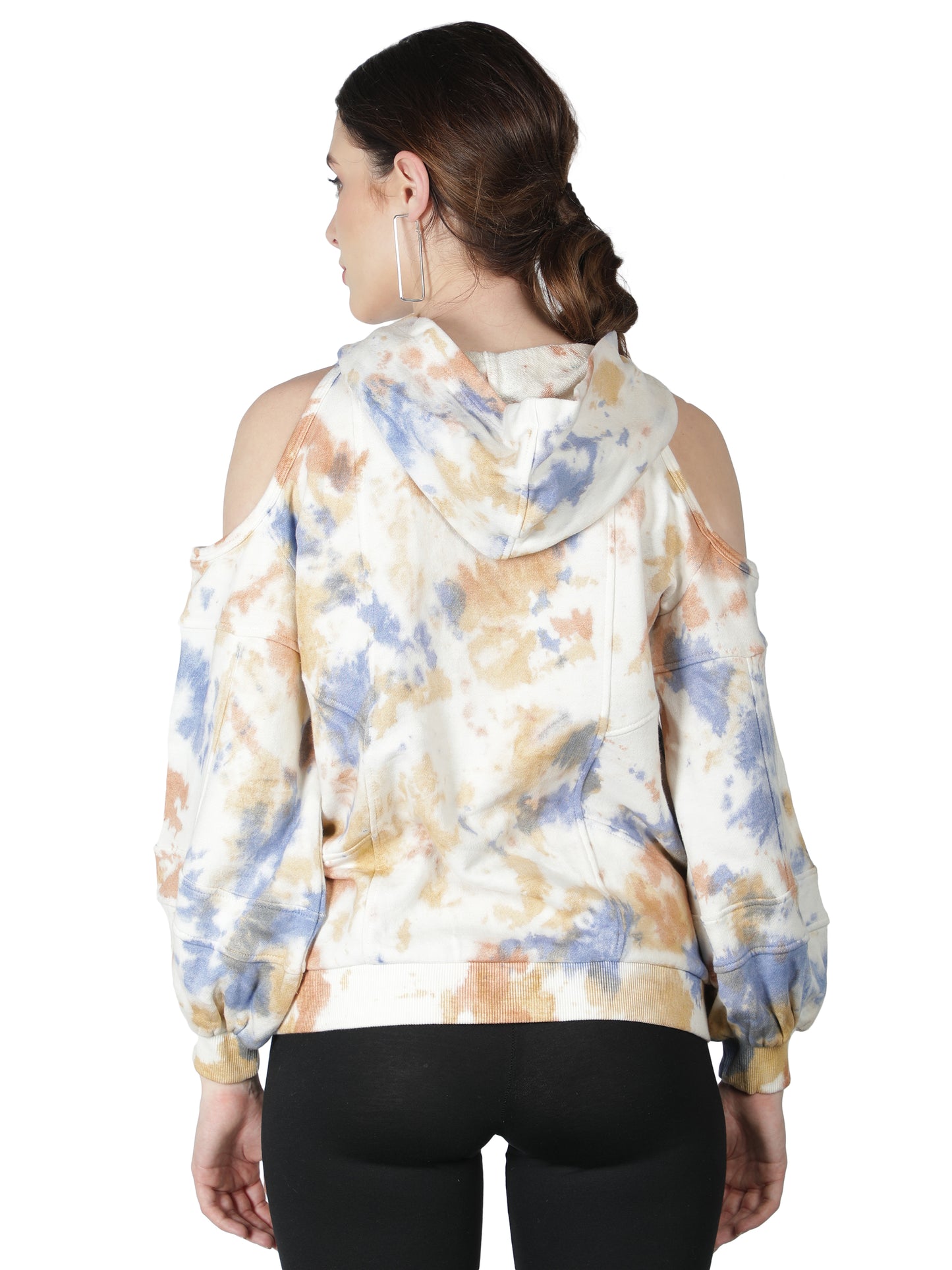 NUEVOSDAMAS Cotton Terry Tie & Dye Cold Shoulder Hooded Sweatshirt Beige/Multi