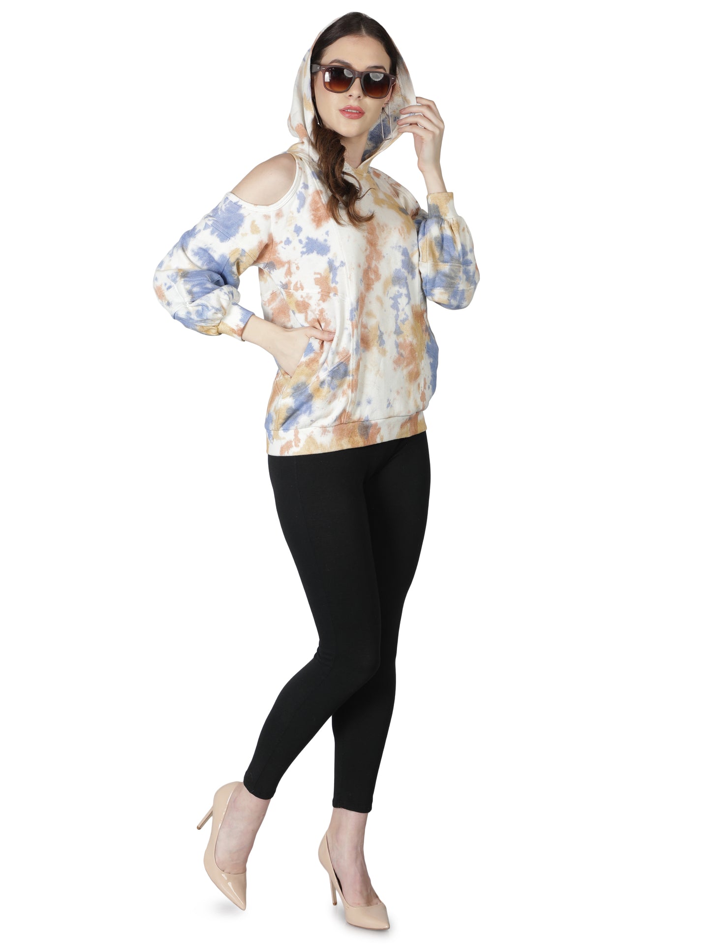 NUEVOSDAMAS Cotton Terry Tie & Dye Cold Shoulder Hooded Sweatshirt Beige/Multi