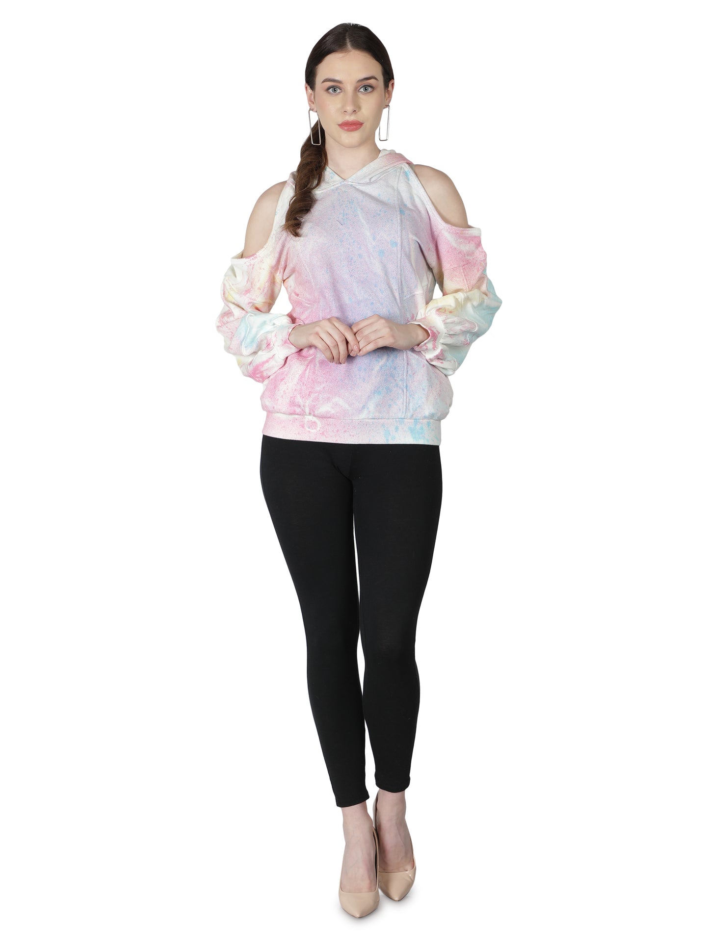 NUEVOSDAMAS Cotton Terry Tie & Dye Cold Shoulder Hooded Sweatshirt Pink/Multi