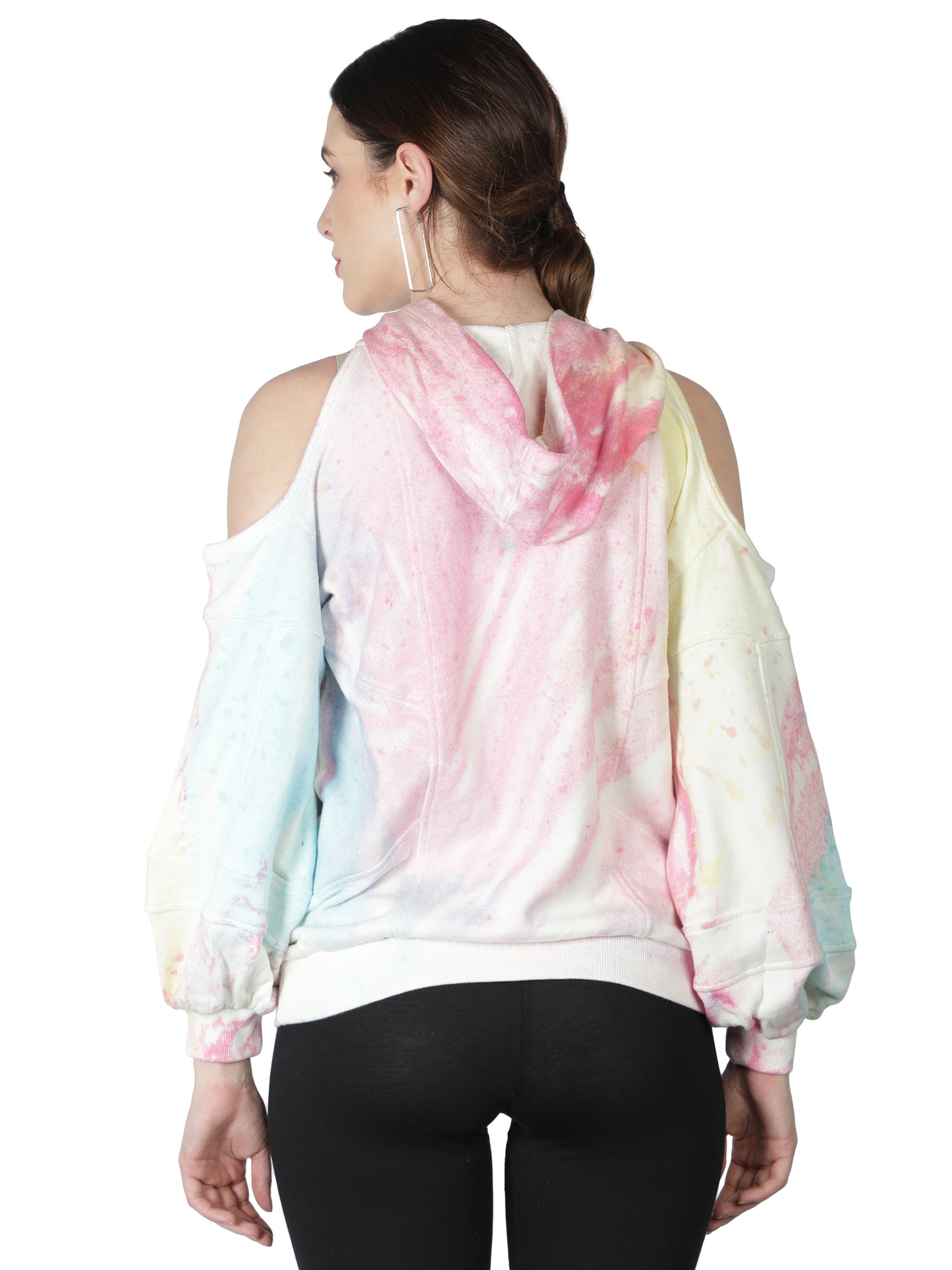 NUEVOSDAMAS Cotton Terry Tie & Dye Cold Shoulder Hooded Sweatshirt Pink/Multi