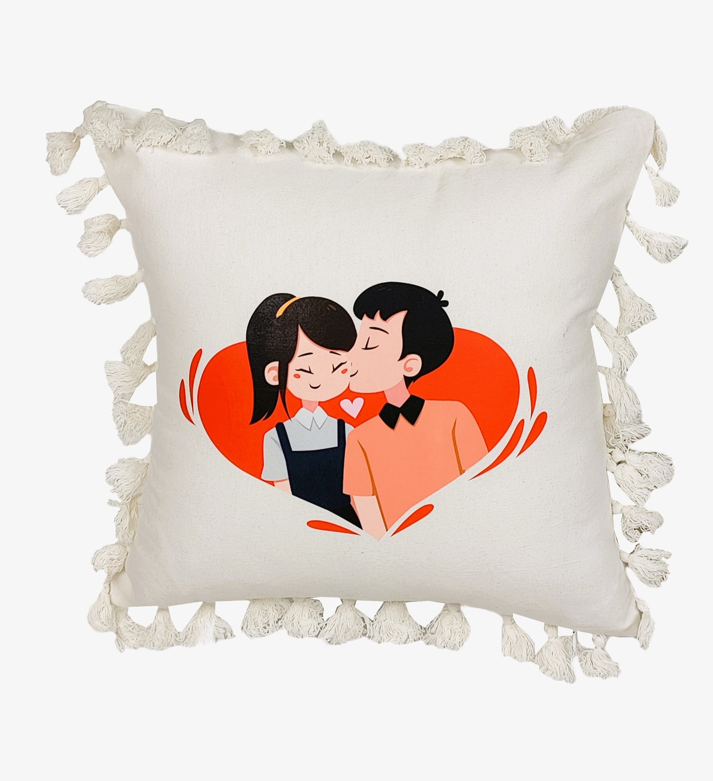 Valentine's Day Cotton Printed Cushion | Cute Couple Printed Cushion Gift | Valentine Gift for Boyfriend Girlfriend | Couples Gift for Him / Her |16x16 Inch_ Cream