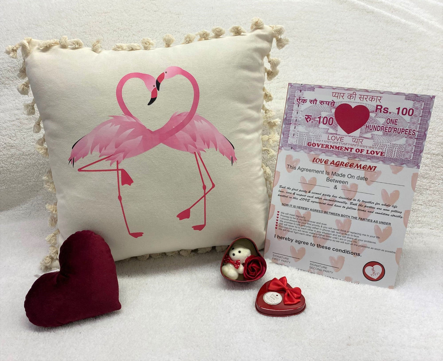 Valentine's Day Printed Cushion Gift Set Combo | Valentine Gift for Boyfriend Girlfriend | Couples Gift for Him/Her_Ivory/Pink