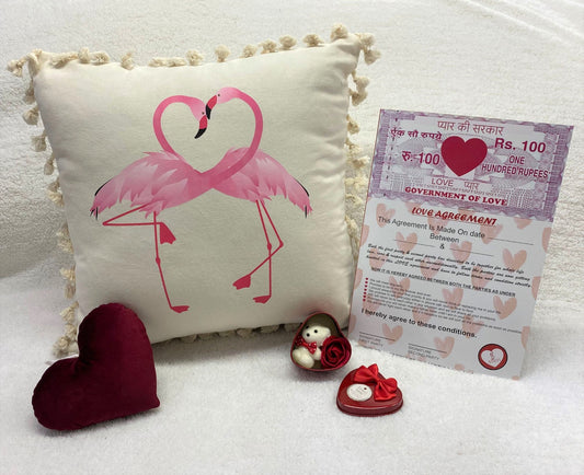 Valentine's Day Printed Cushion Gift Set Combo | Valentine Gift for Boyfriend Girlfriend | Couples Gift for Him/Her_Ivory/Pink