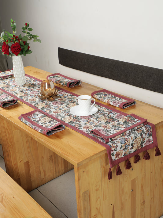 Heat Resistant Cotton Table Runner with Placmats Set (Pack of 7- 1 Runner and 6 placemats)-Maroon/ Multi