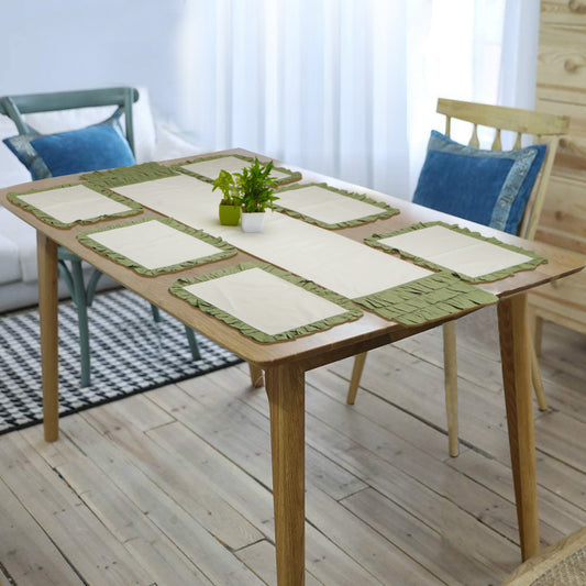 Heat Resistant Cotton Table Runner with 3 Layer Ruffles and Placmats Set | Table Runner (Pack of 7) 1 Runner and 6 Placemats- White/Olive