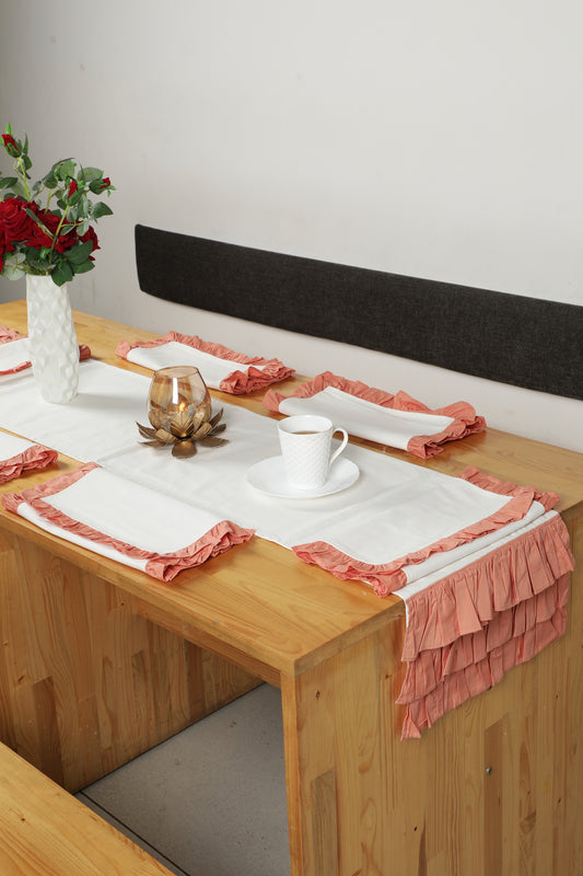 Heat Resistant Cotton Table Runner with 3 Layer Ruffle and Placmats Set | Table Runner (Pack of 7) 1 Runner and 6 placemats - Sand Orange/ Ivory