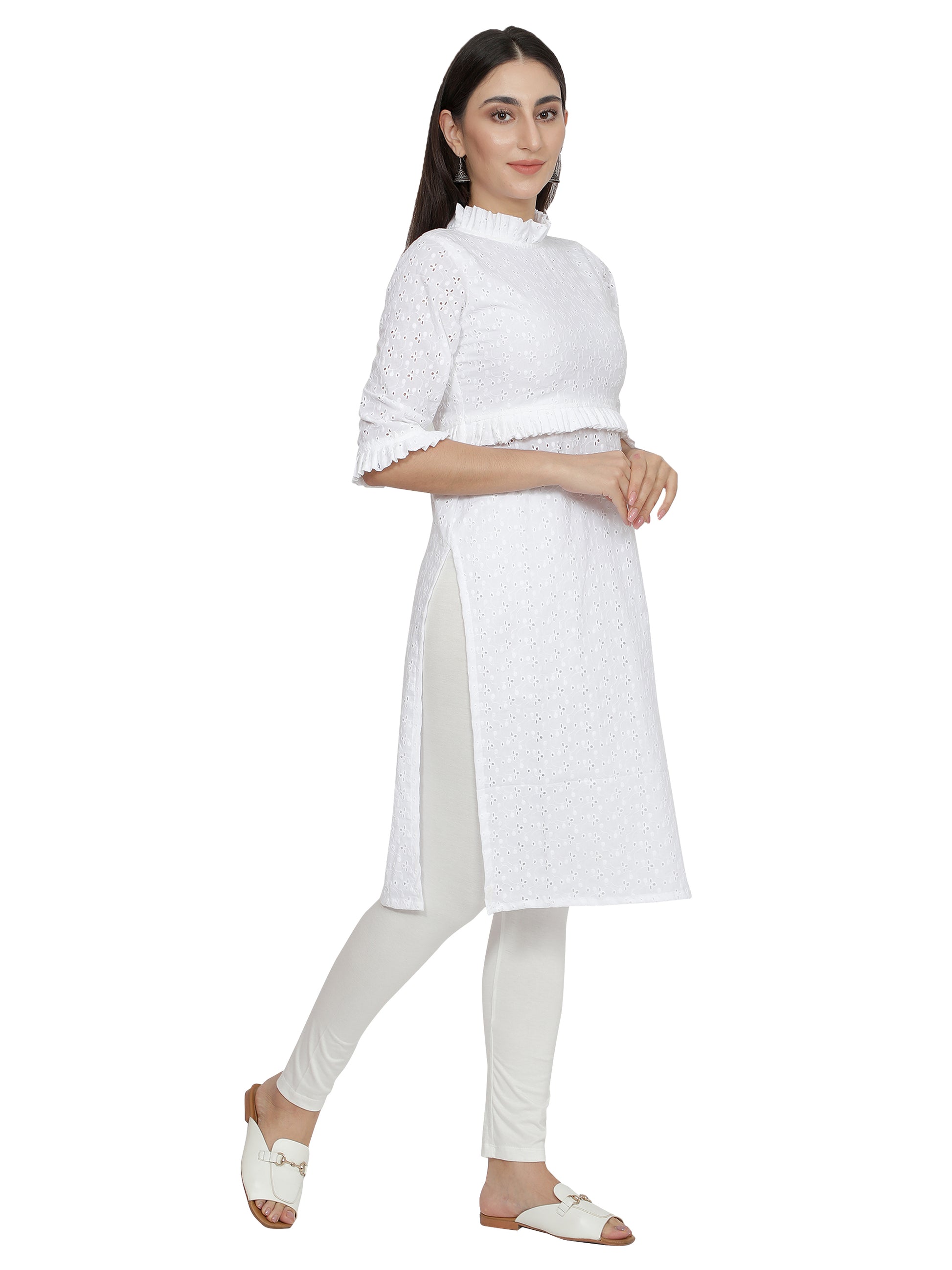 Women Printed Cotton Blend Straight Kurta  (White) freeshipping - NUEVOSDAMAS