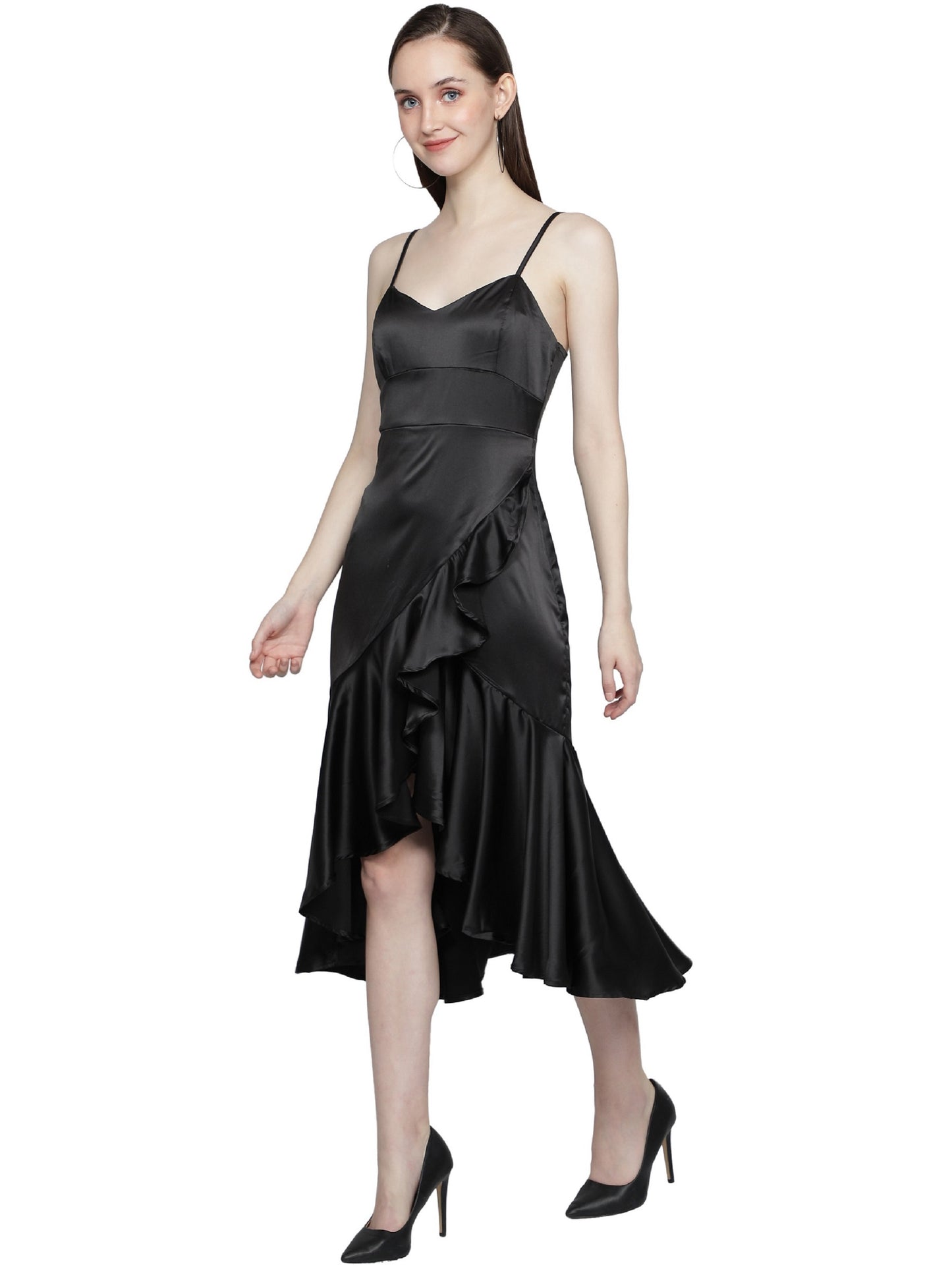 NUEVOSDAMAS Women Satin Lycra Solid Designer Western Wrap Frill Midi Dress | Stylish Adjuster Stripe | Black