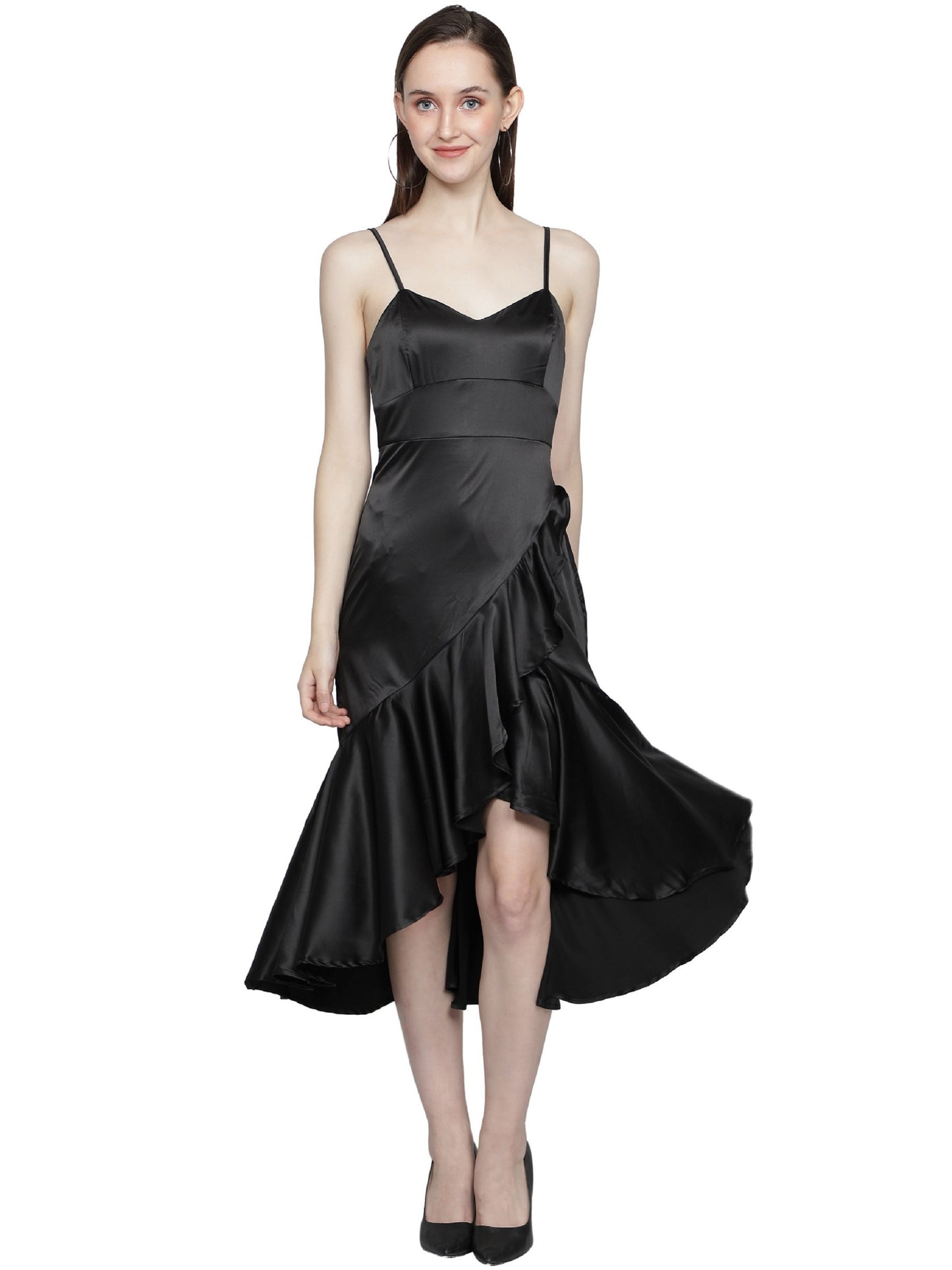 NUEVOSDAMAS Women Satin Lycra Solid Designer Western Wrap Frill Midi Dress | Stylish Adjuster Stripe | Black