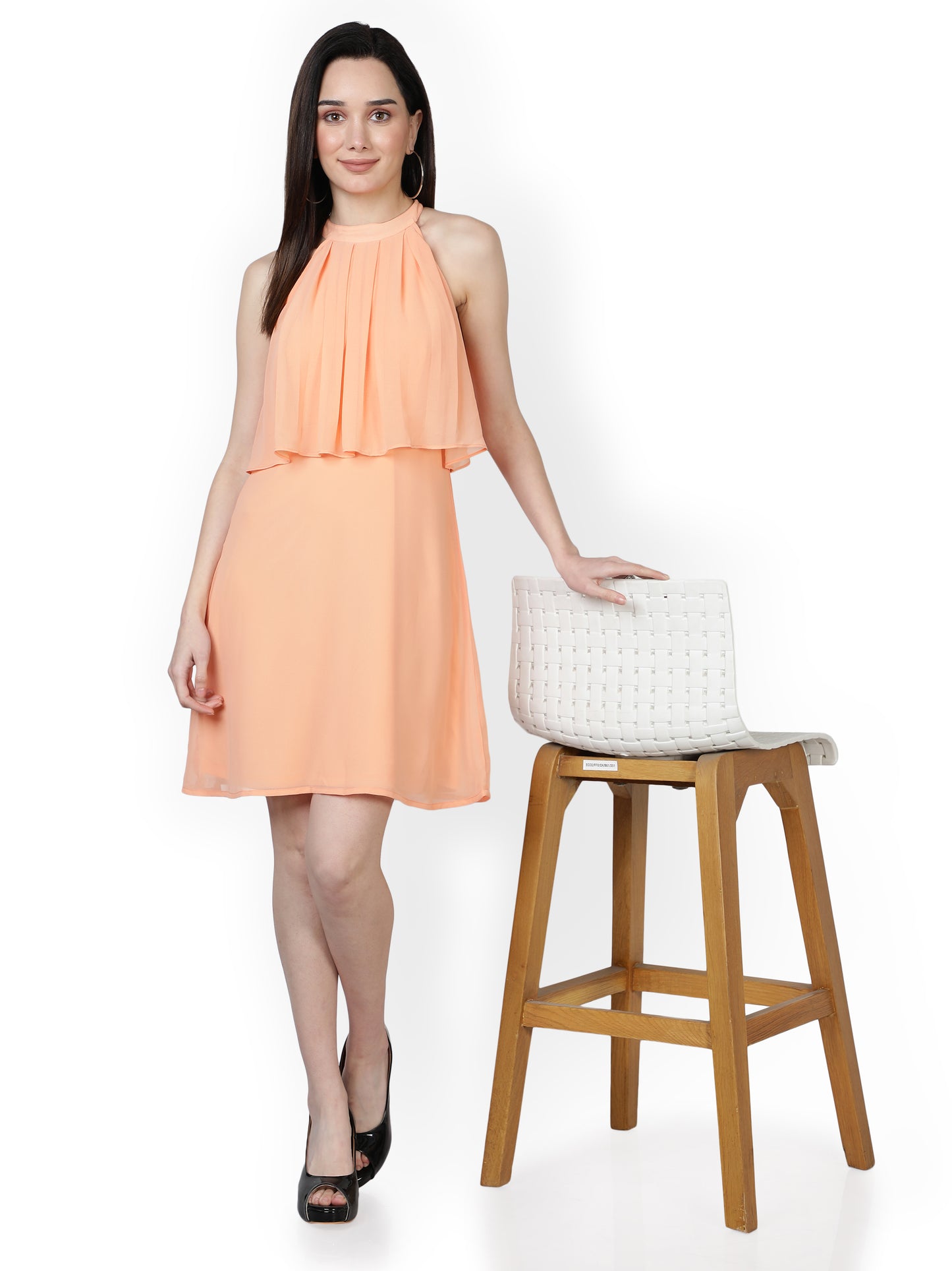 NUEVOSDAMAS Women western georgette solid peach A-line frill dress