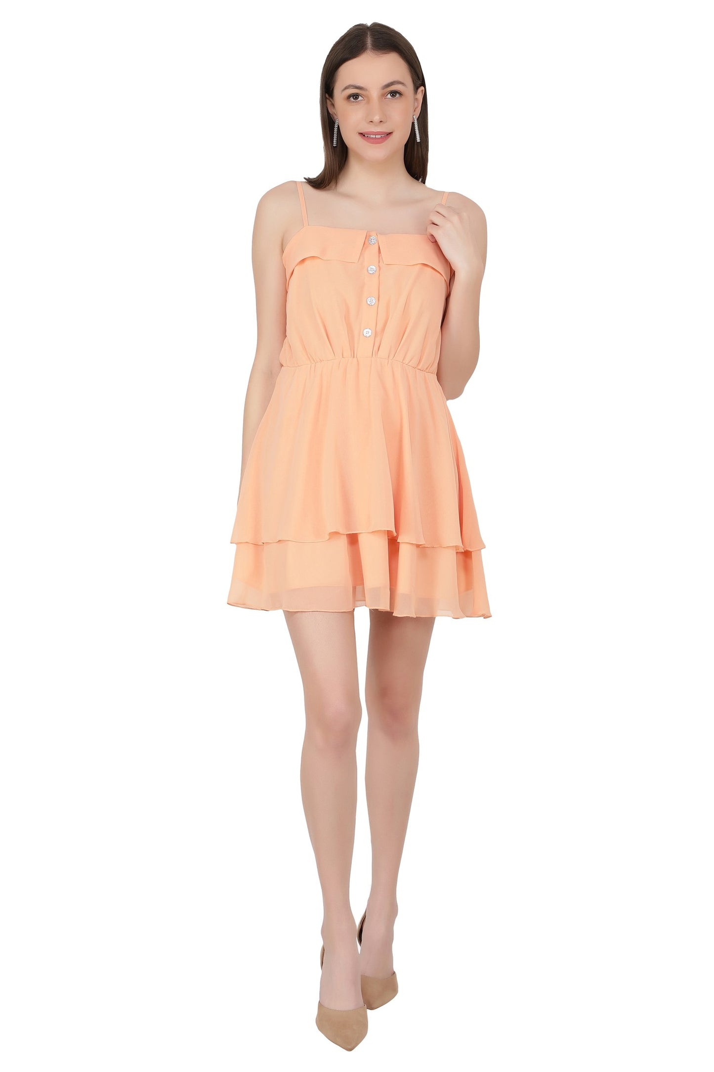NUEVOSDAMAS Women Solid Midi Dress | Shoulder Strap Fit & Flare Frill Dress