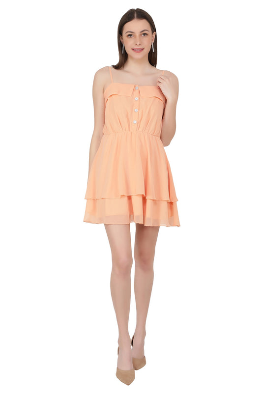 NUEVOSDAMAS Women Solid Midi Dress | Shoulder Strap Fit & Flare Frill Dress
