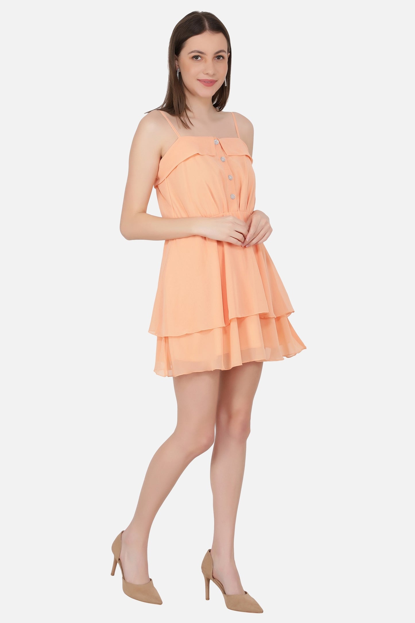 NUEVOSDAMAS Women Solid Midi Dress | Shoulder Strap Fit & Flare Frill Dress