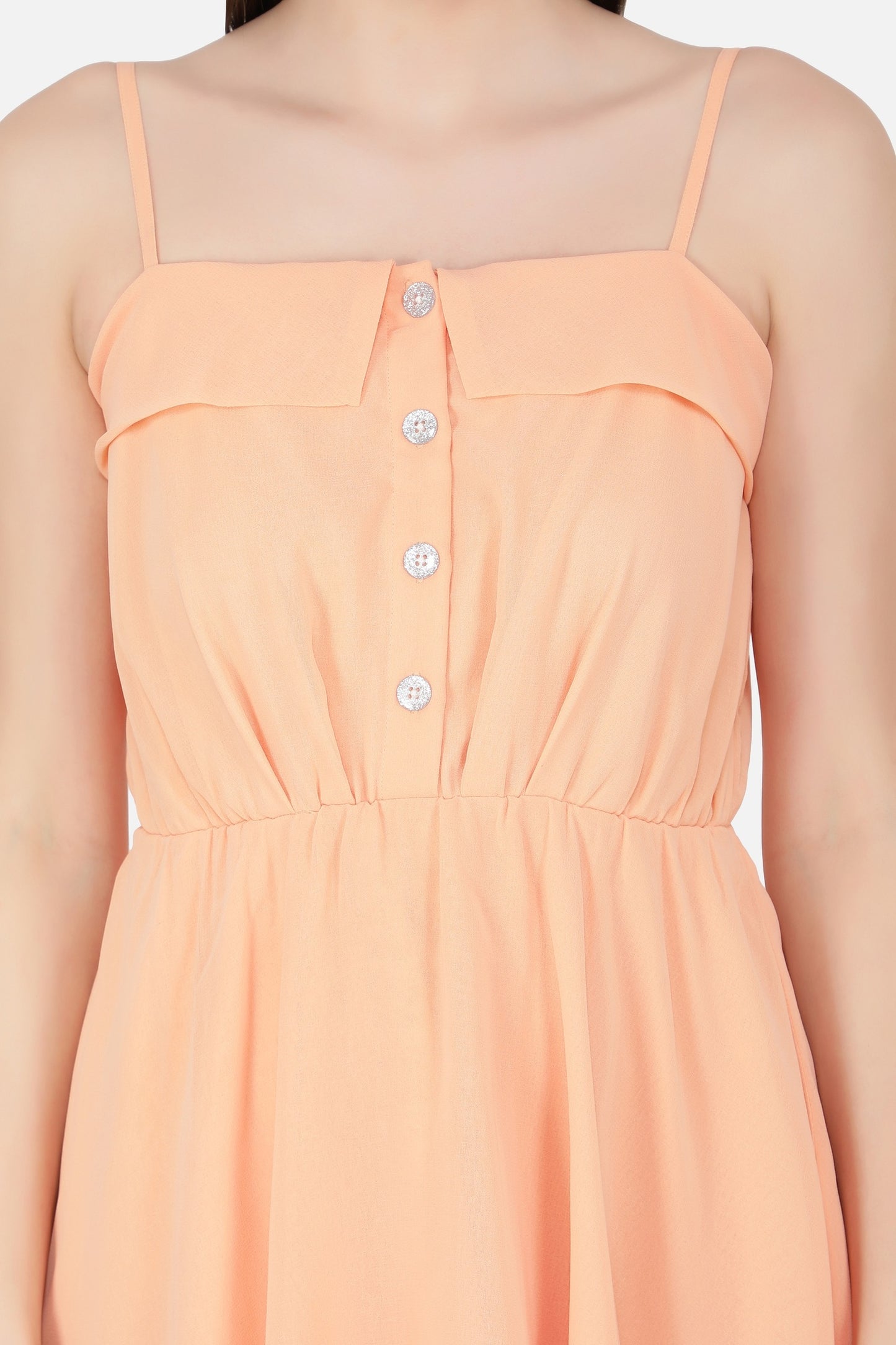 NUEVOSDAMAS Women Solid Midi Dress | Shoulder Strap Fit & Flare Frill Dress