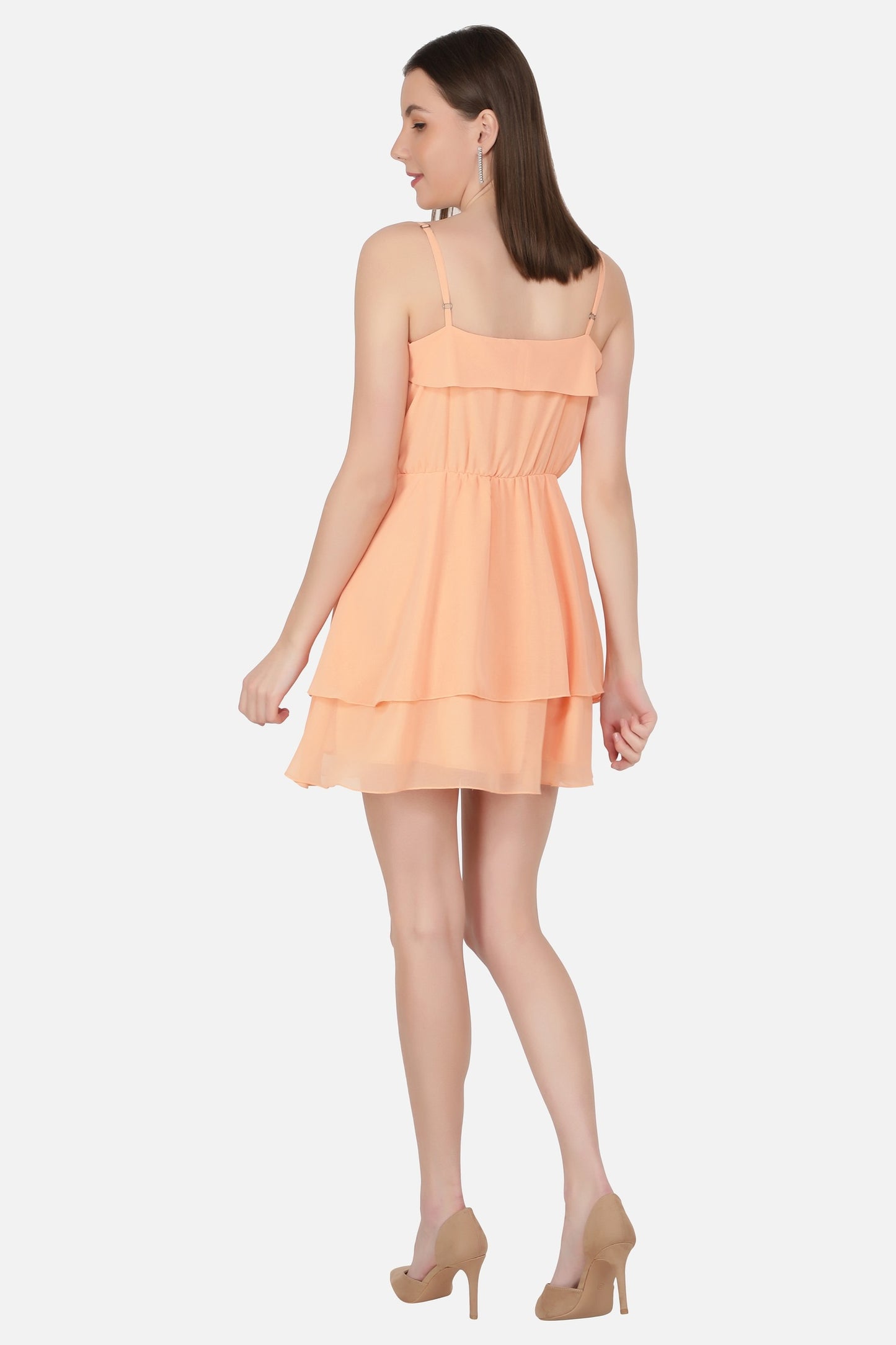 NUEVOSDAMAS Women Solid Midi Dress | Shoulder Strap Fit & Flare Frill Dress