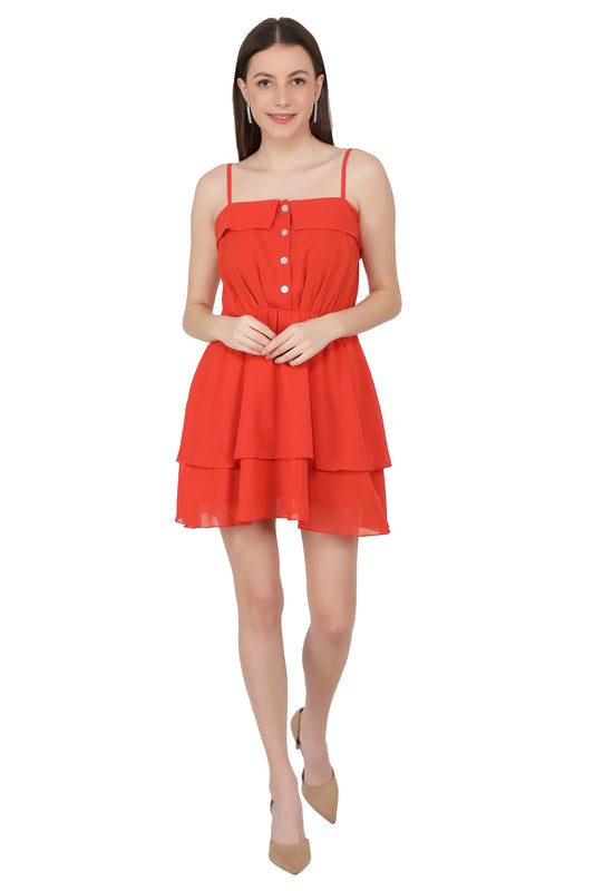 NUEVOSDAMAS Women western georgette solid fit & flare Orange A-line frill dress