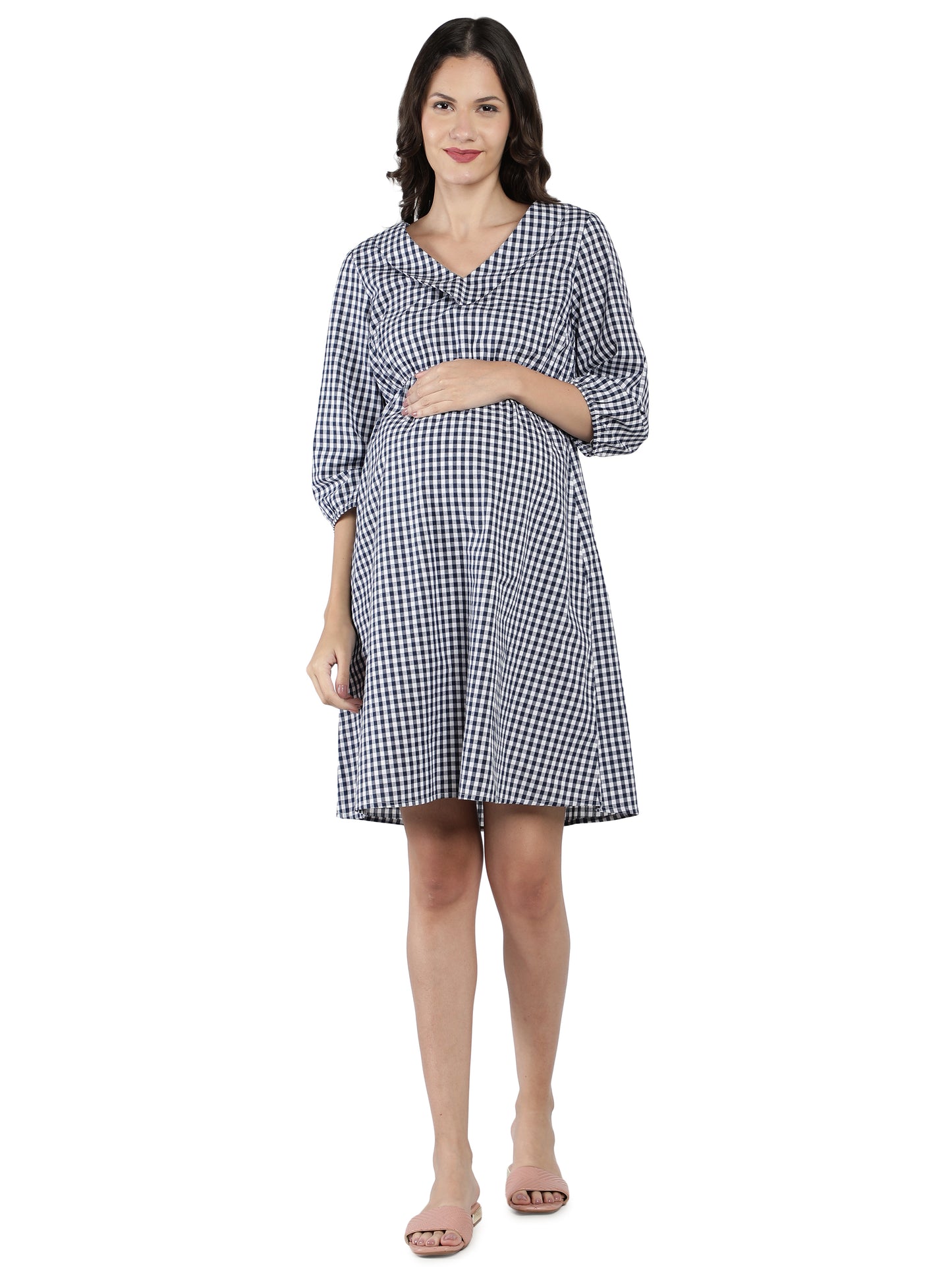 NUEVOSDAMAS Women Western Cotton Printed Dress | Latest Gingham Checks Printed Midi Dress
