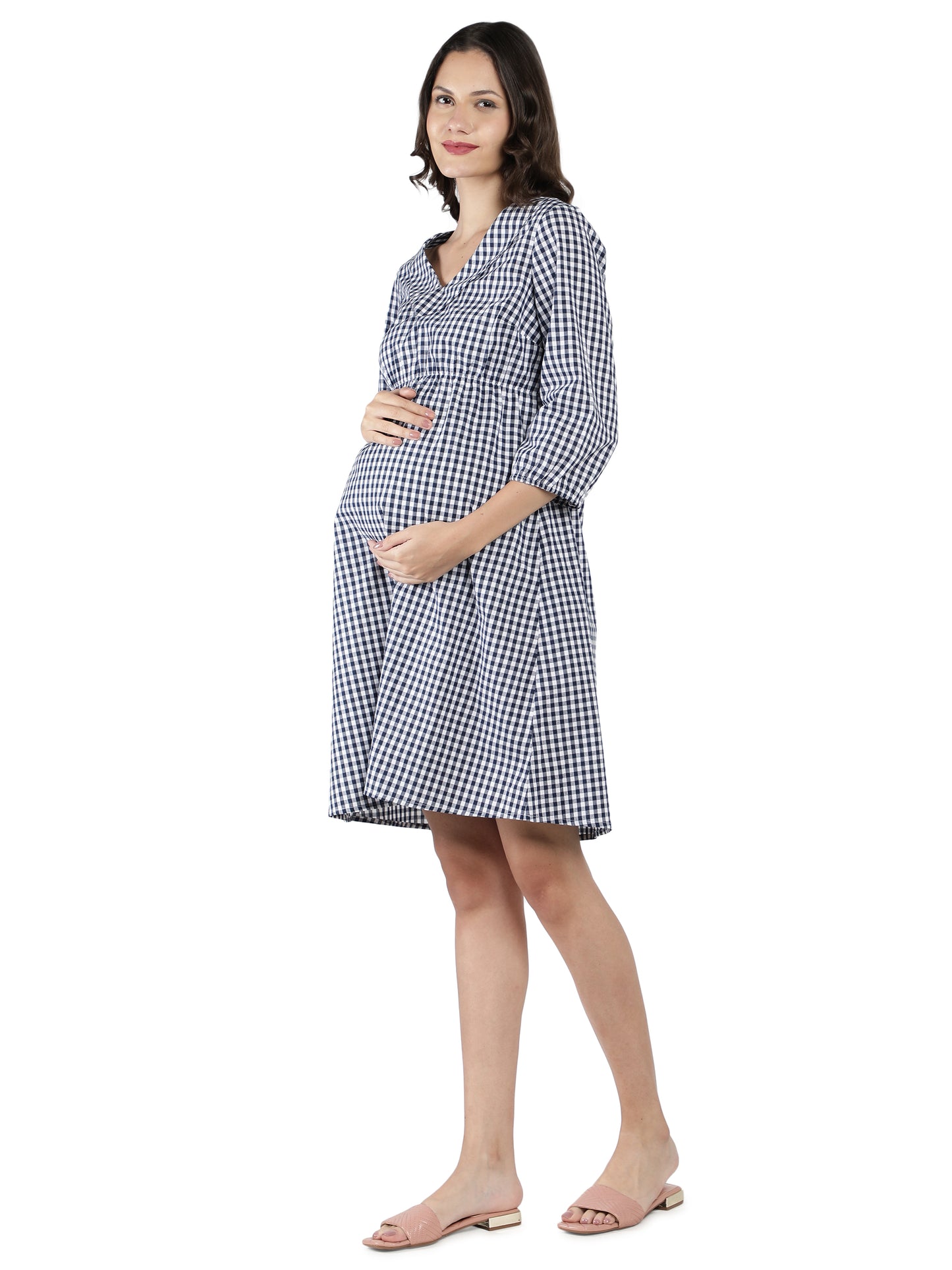 NUEVOSDAMAS Women Western Cotton Printed Dress | Latest Gingham Checks Printed Midi Dress