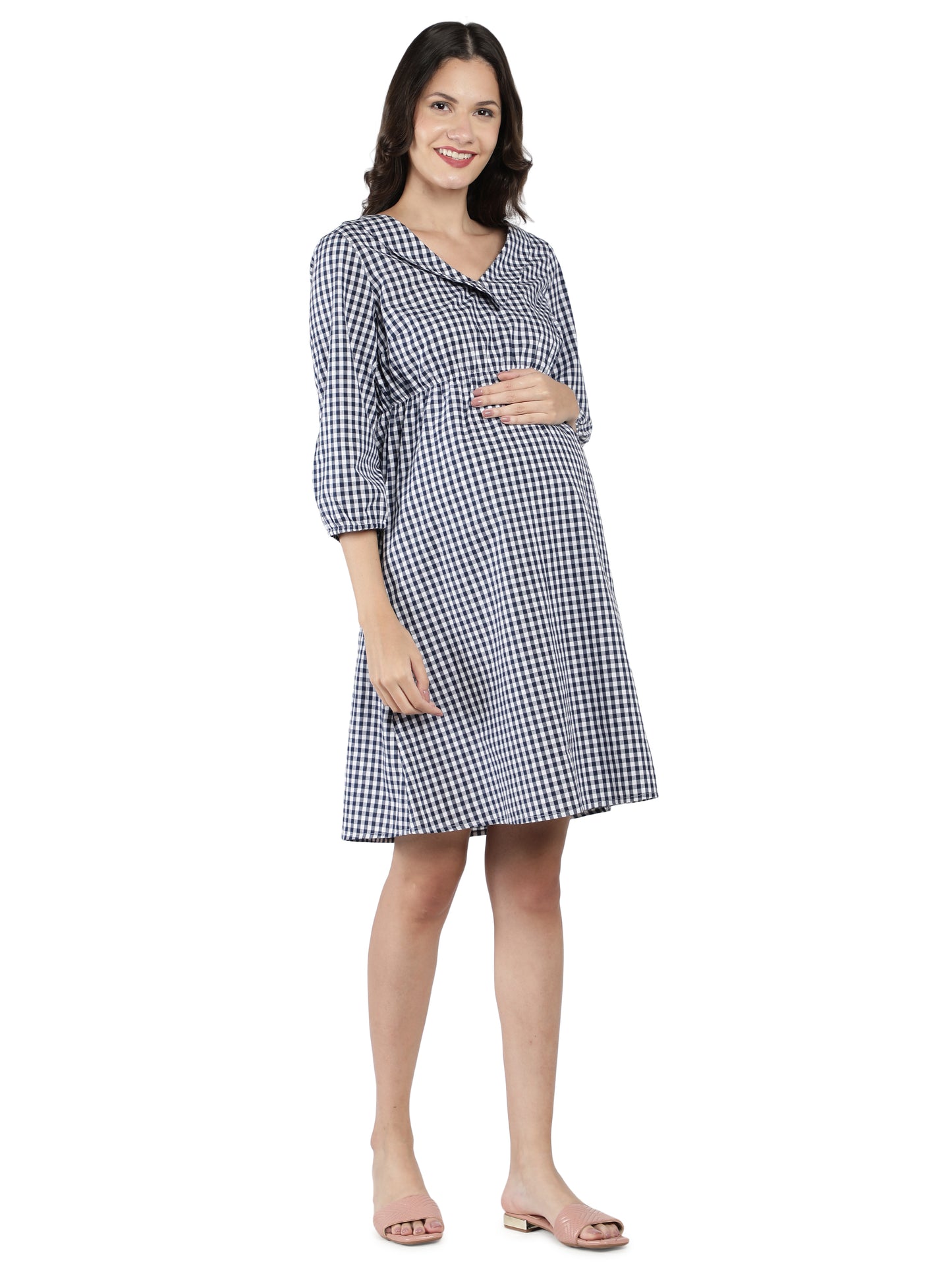 NUEVOSDAMAS Women Western Cotton Printed Dress | Latest Gingham Checks Printed Midi Dress