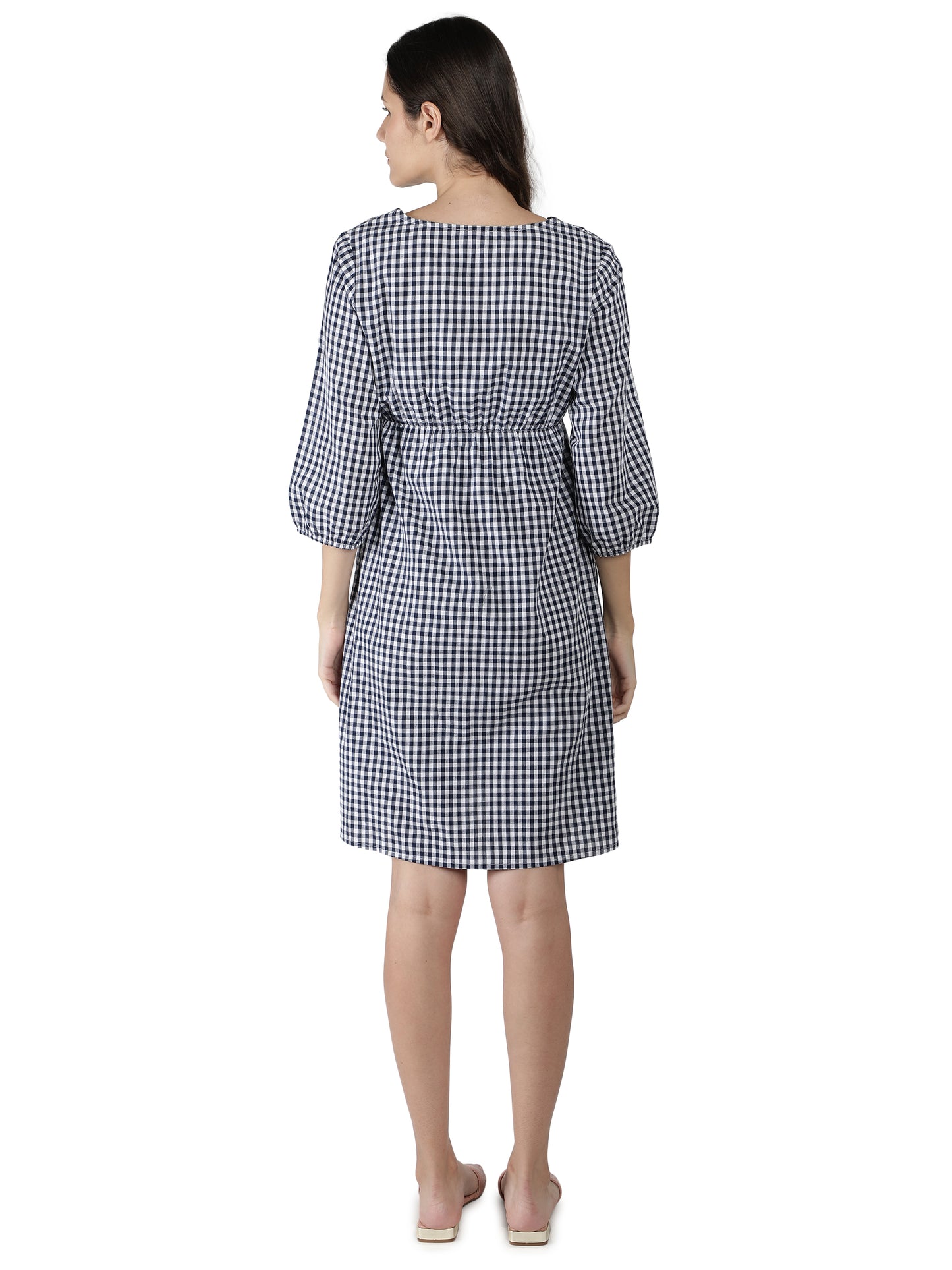 NUEVOSDAMAS Women Western Cotton Printed Dress | Latest Gingham Checks Printed Midi Dress