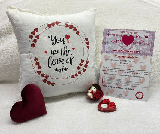Valentine's Day Printed Cushion Gift Set Combo | Valentine Gift for Boyfriend Girlfriend | Couples Gift for Him/Her_White/Maroon