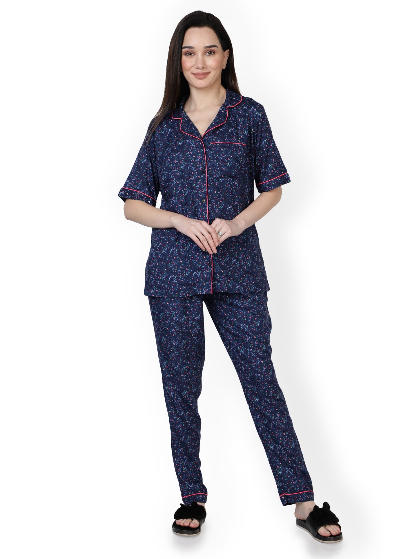 NUEVOSDAMAS WOMEN RAYON BLUE PRINTED NIGHT SUIT SET