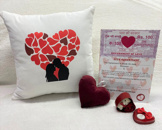 Valentine's Day Printed Cushion Gift Set Combo | Valentine Gift for Boyfriend Girlfriend | Couples Gift for Him/Her_Ivory/Red