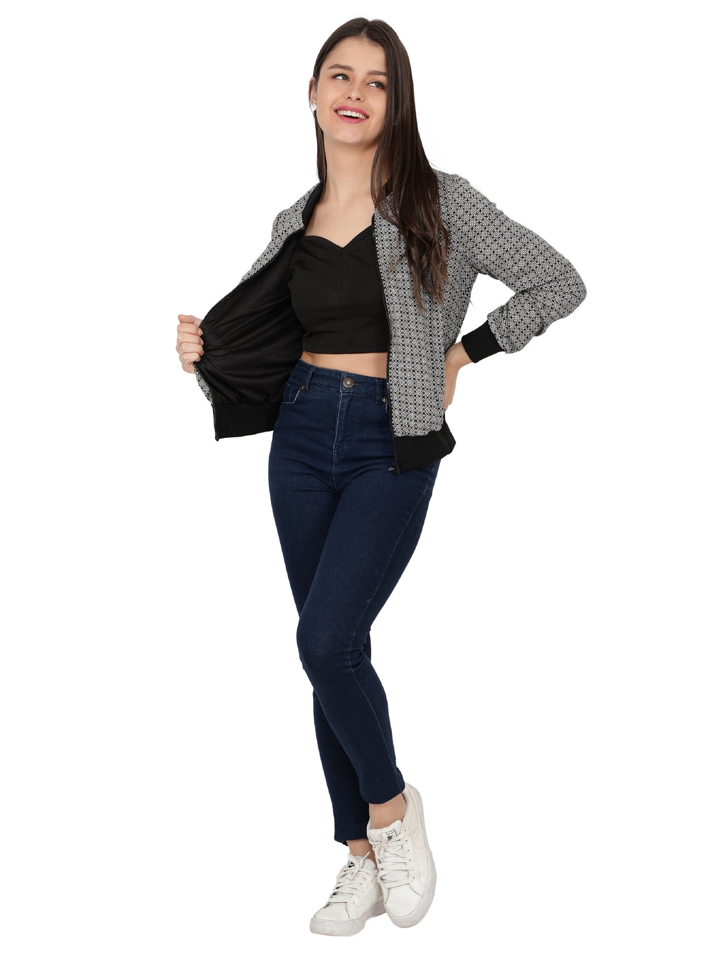 NUEVOSDAMAS Women Full Sleeve Polyester Printed Bomber Jacket
