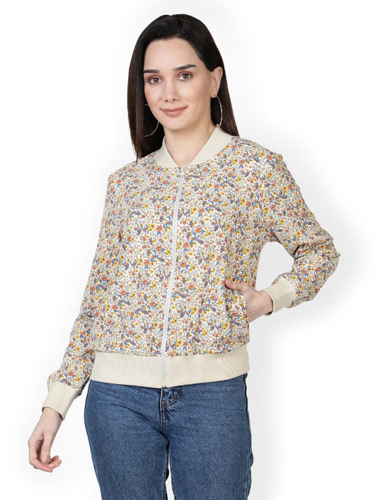 American Crepe Floral Print Multi Color Light Weight Jacket For Women/ Full Sleeve Printed Women Bomber Jacket