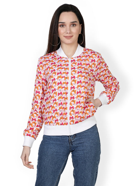 American Crepe Floral Print White Color Light Weight Jacket For Women/ Full Sleeve Printed Women Bomber Jacket