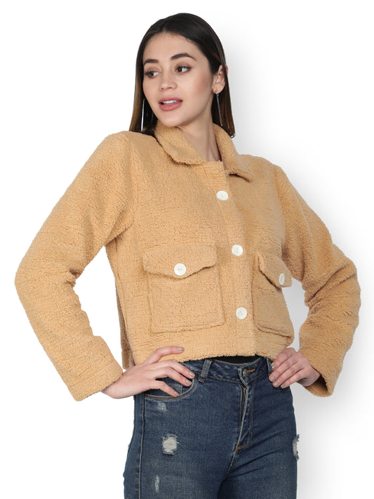 NUEVOSDAMAS WINTER WEAR WOMEN SOLID CAMEL SHERPA/FUR JACKET