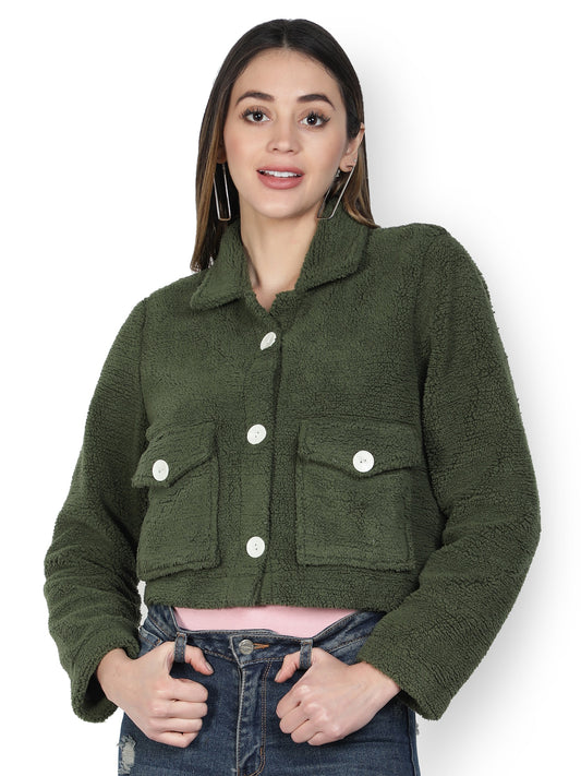 NUEVOSDAMAS WINTER WEAR WOMEN SOLID GREEN SHERPA/FUR JACKET