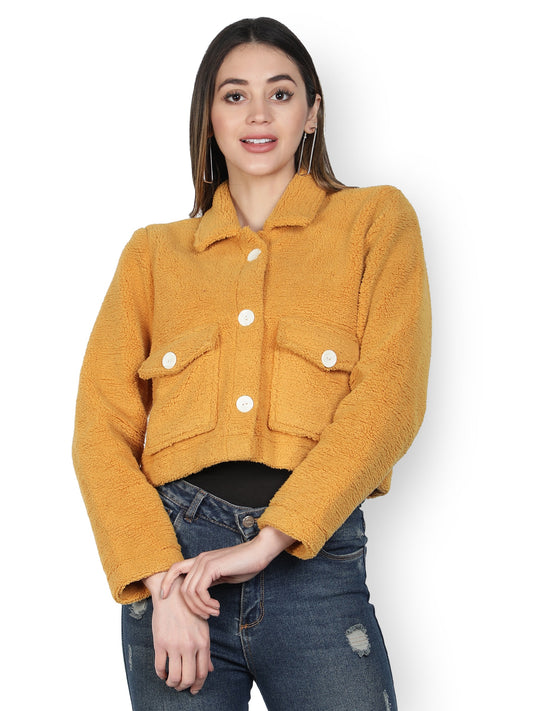 NUEVOSDAMAS WINTER WEAR WOMEN SOLID MUSTARD SHERPA/FUR JACKET