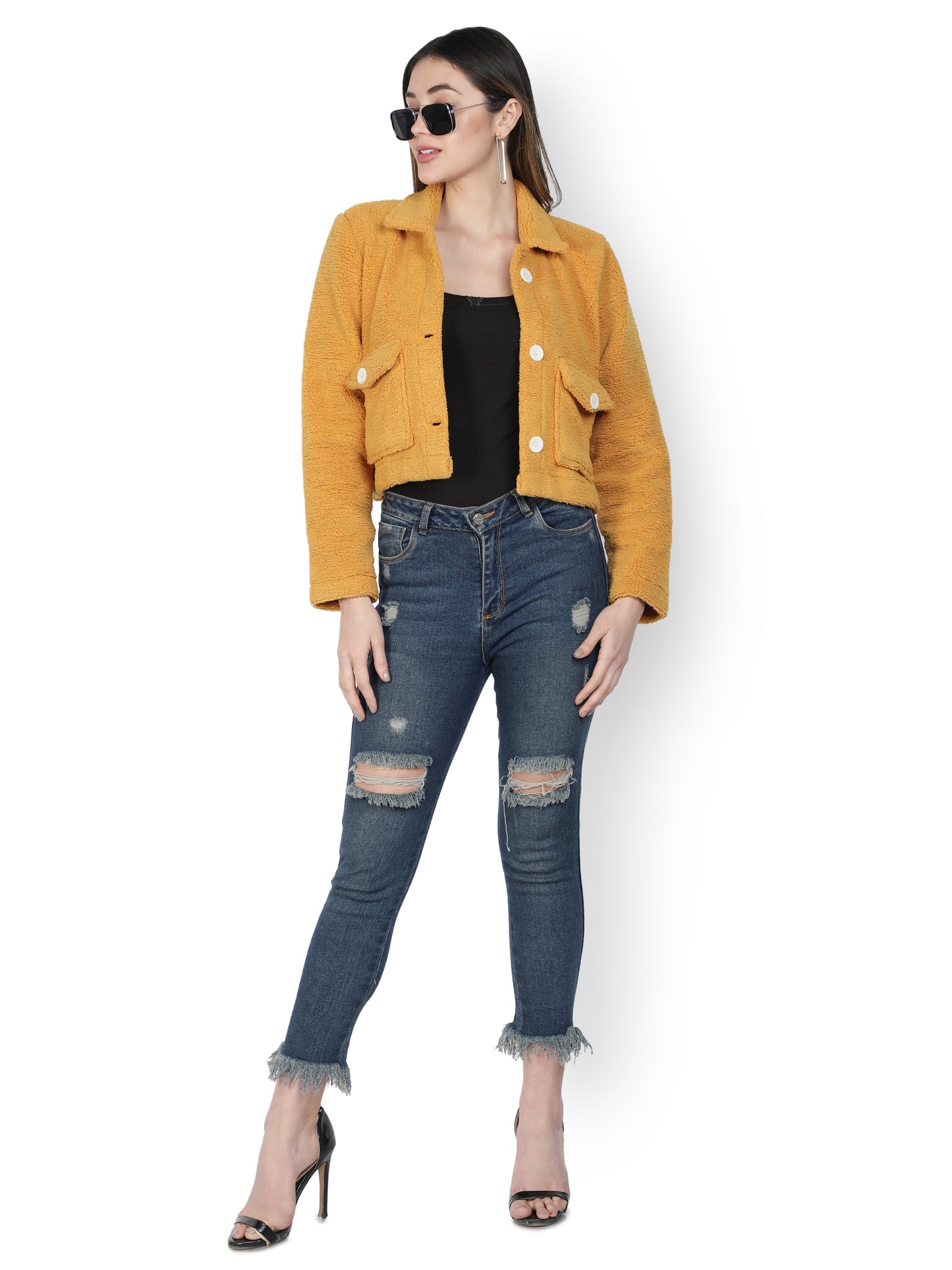 NUEVOSDAMAS WINTER WEAR WOMEN SOLID MUSTARD SHERPA/FUR JACKET
