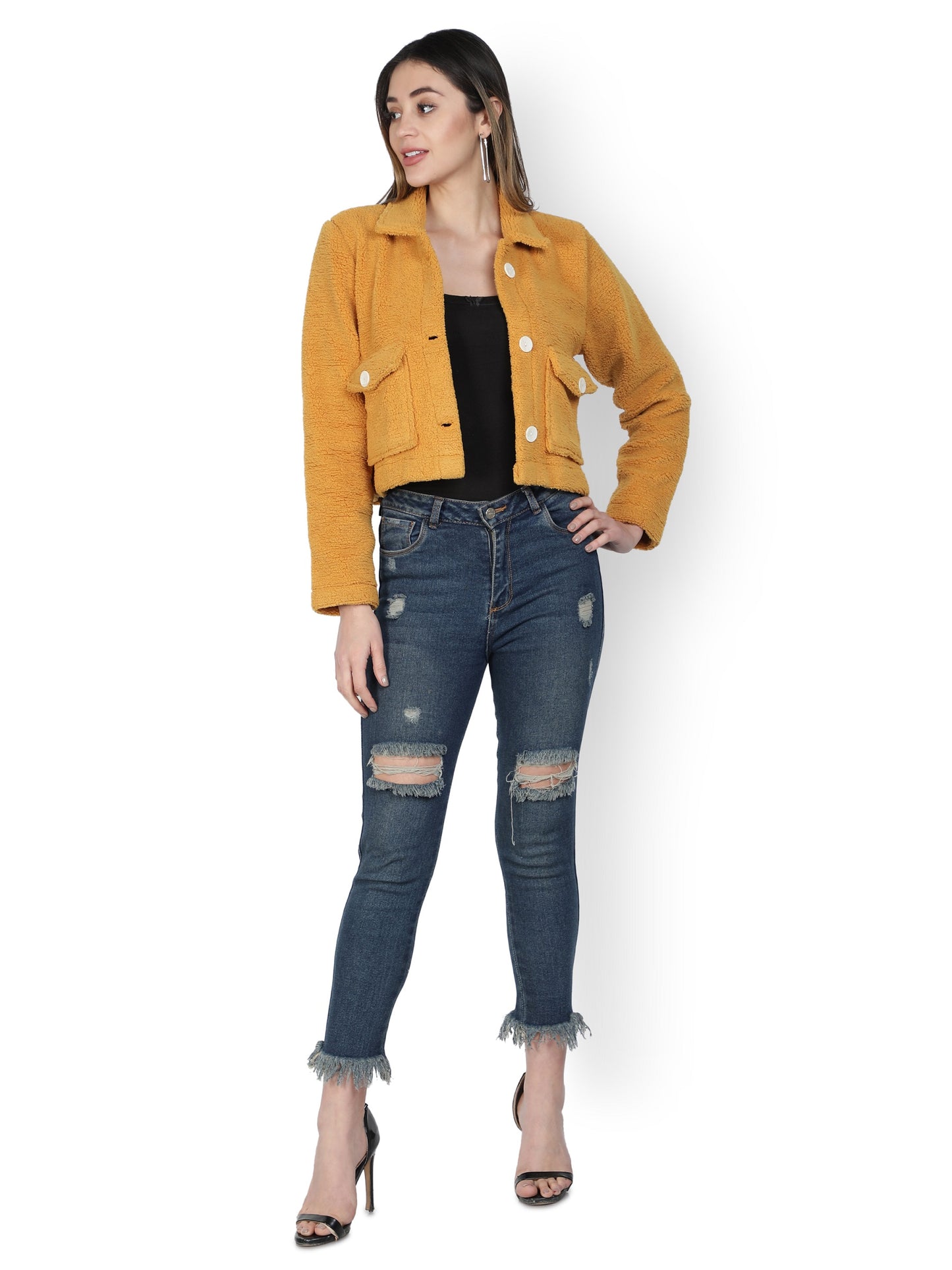 NUEVOSDAMAS WINTER WEAR WOMEN SOLID MUSTARD SHERPA/FUR JACKET