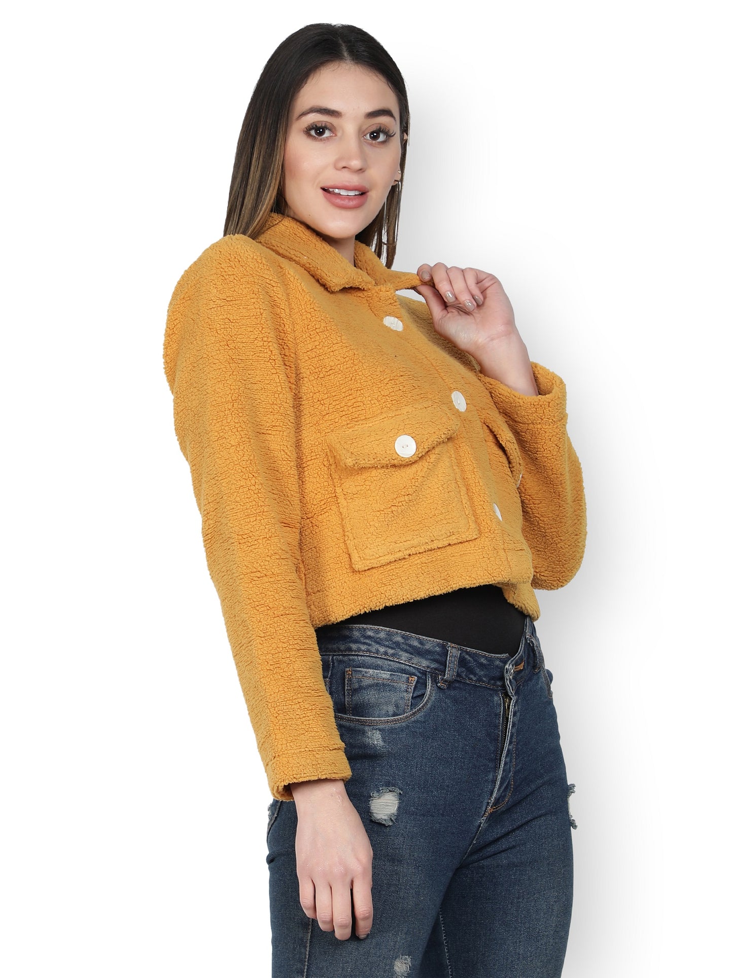 NUEVOSDAMAS WINTER WEAR WOMEN SOLID MUSTARD SHERPA/FUR JACKET