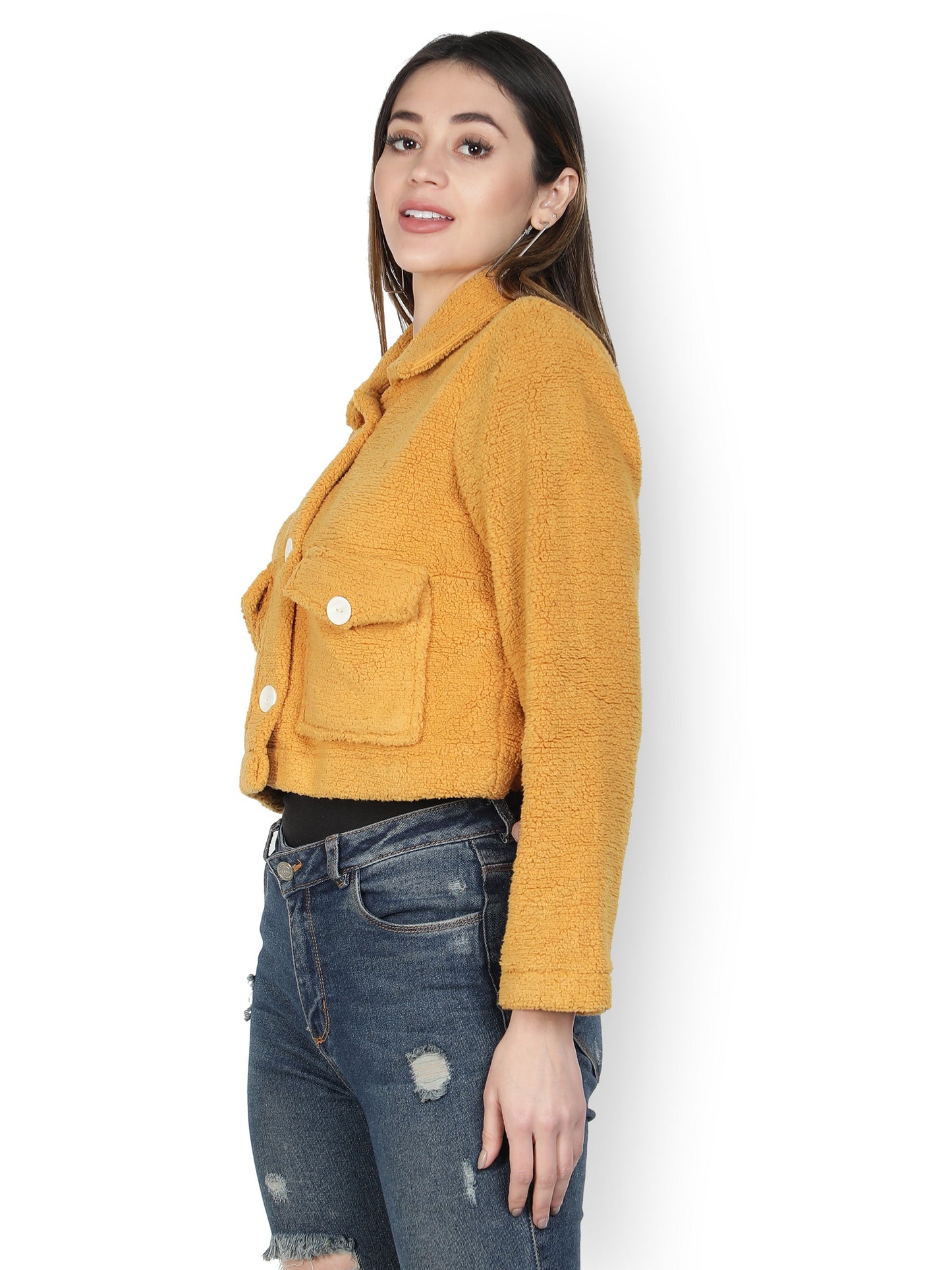 NUEVOSDAMAS WINTER WEAR WOMEN SOLID MUSTARD SHERPA/FUR JACKET