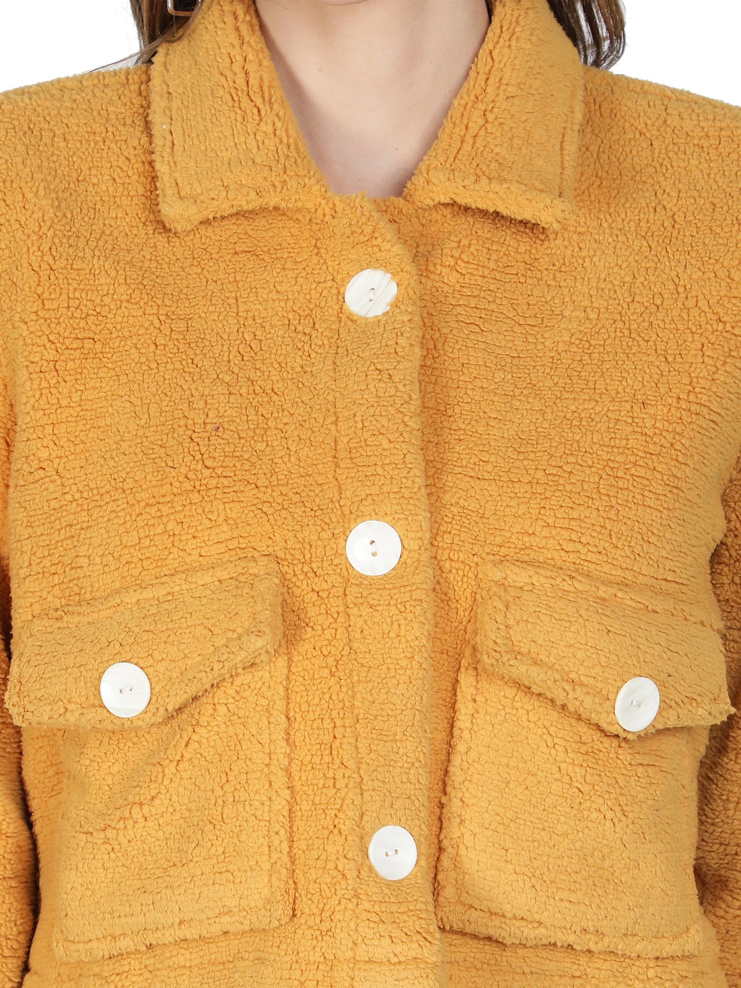 NUEVOSDAMAS WINTER WEAR WOMEN SOLID MUSTARD SHERPA/FUR JACKET