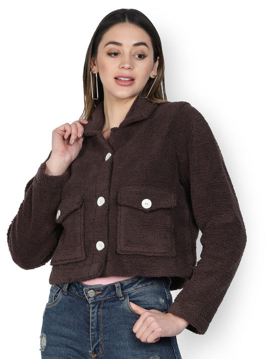 NUEVOSDAMAS WINTER WEAR WOMEN SOLID BROWN SHERPA/FUR JACKET