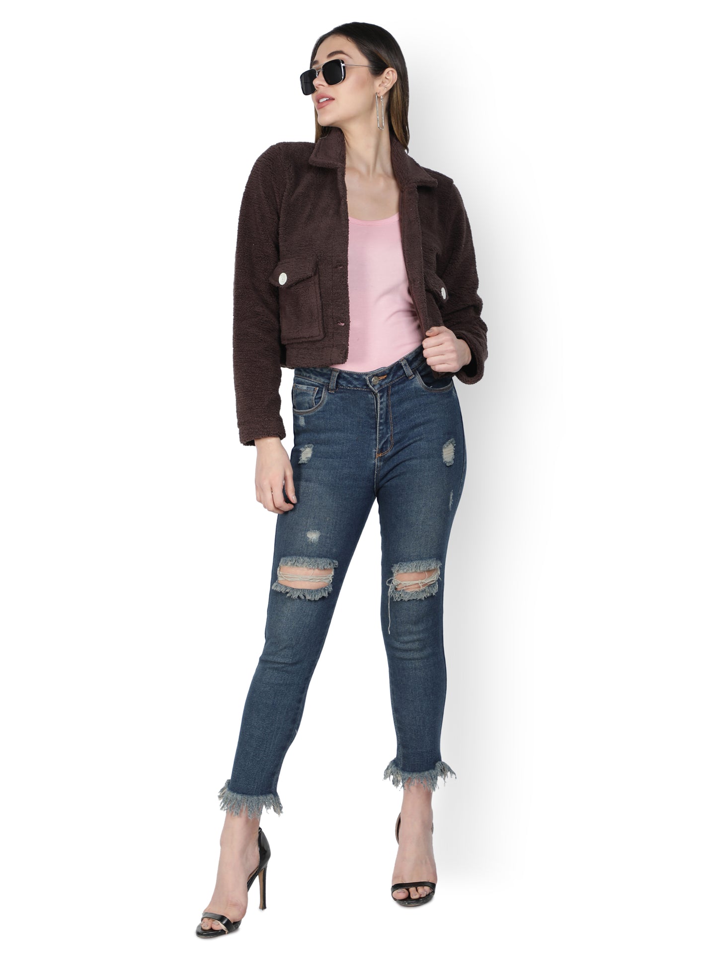 NUEVOSDAMAS WINTER WEAR WOMEN SOLID BROWN SHERPA/FUR JACKET