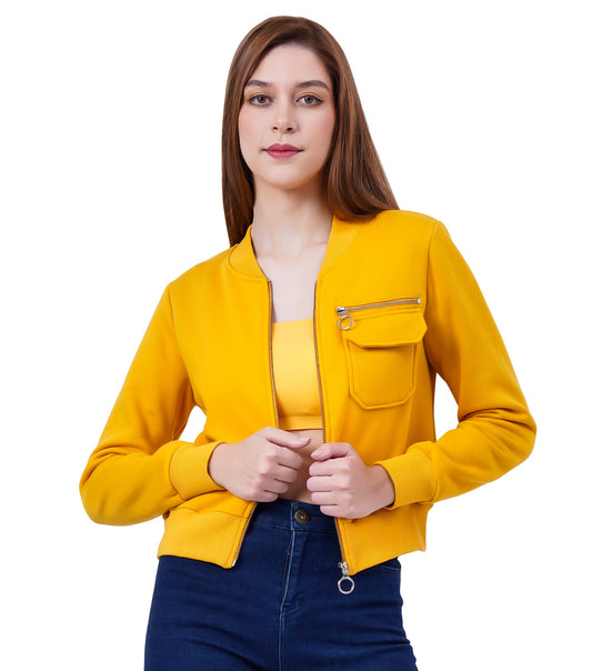 Women Full Sleeve Solid Fleece Jacket ( Mustard )