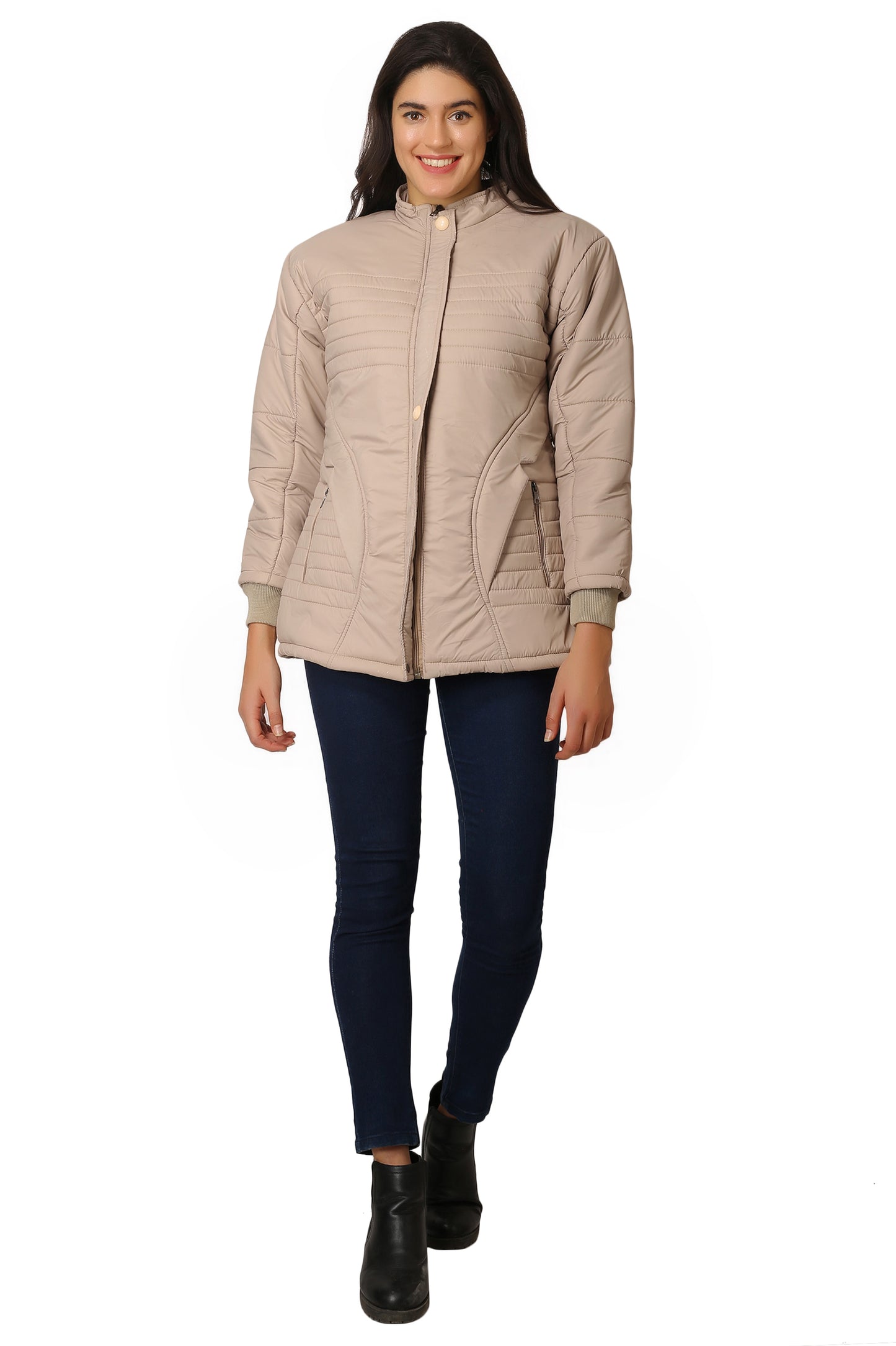 NUEVOSDAMAS Women Solid Beige Full Sleeve Puffer Jacket With Detachable Hood