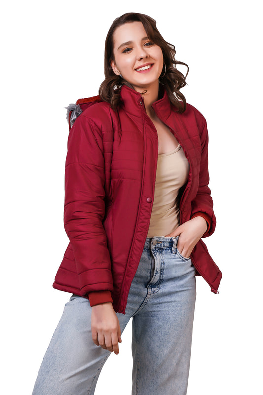 NUEVOSDAMAS Women Solid Maroon Full Sleeve Puffer Jacket With Detachable Hood
