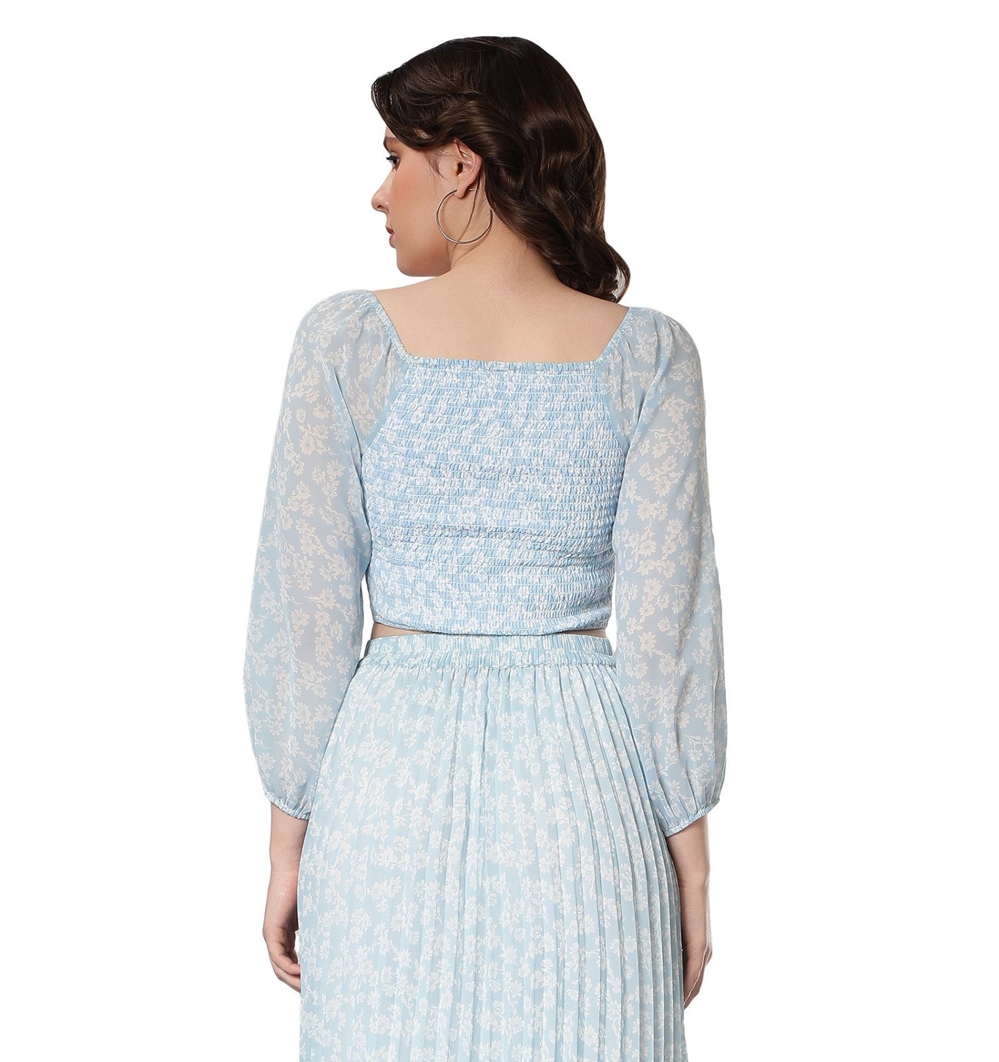 NUEVOSDAMAS Light Blue Georgette Floral Printed Balloon Sleeve Top