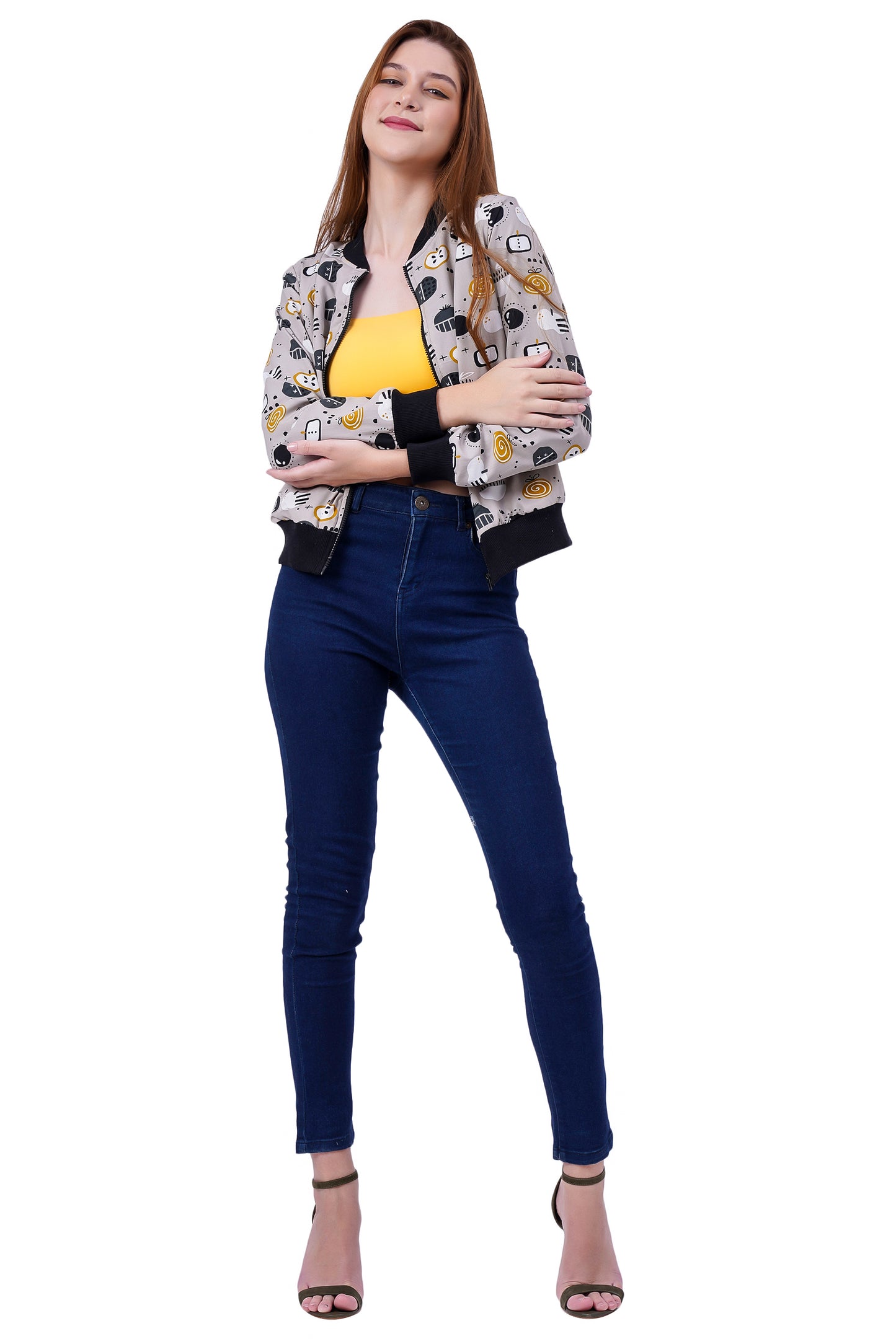 NUEVOSDAMAS Fruit Printed Grey Bomber Jacket