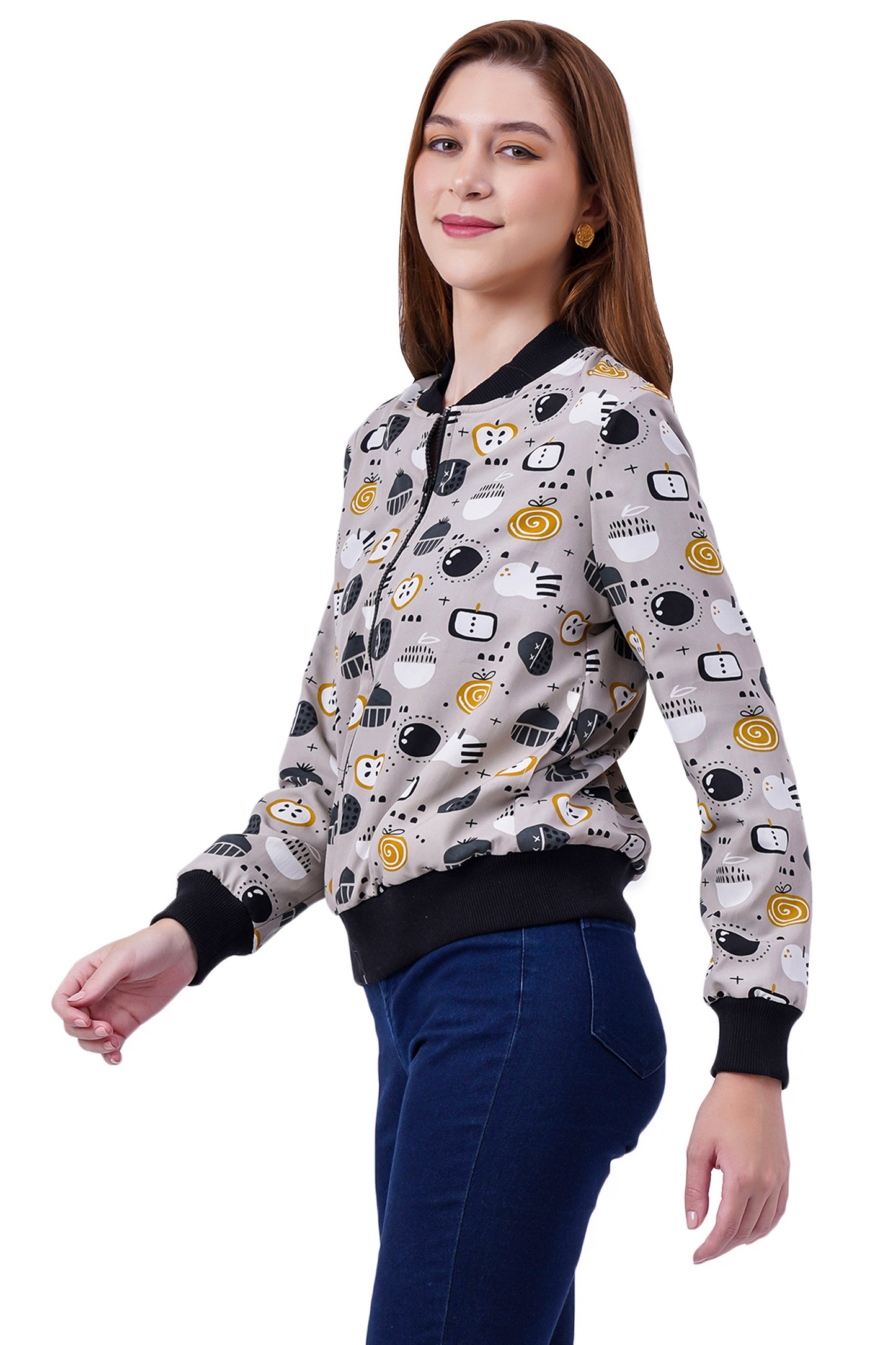 NUEVOSDAMAS Fruit Printed Grey Bomber Jacket
