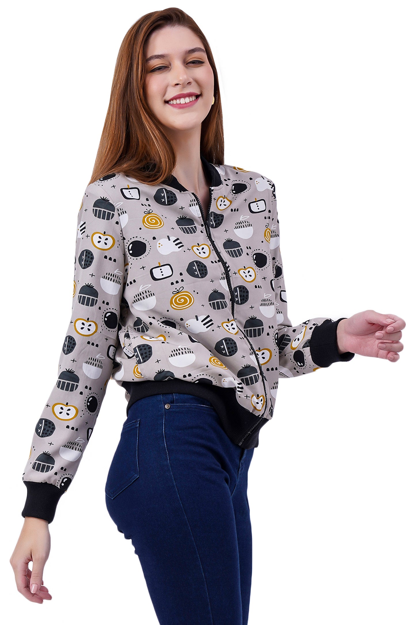 NUEVOSDAMAS Fruit Printed Grey Bomber Jacket