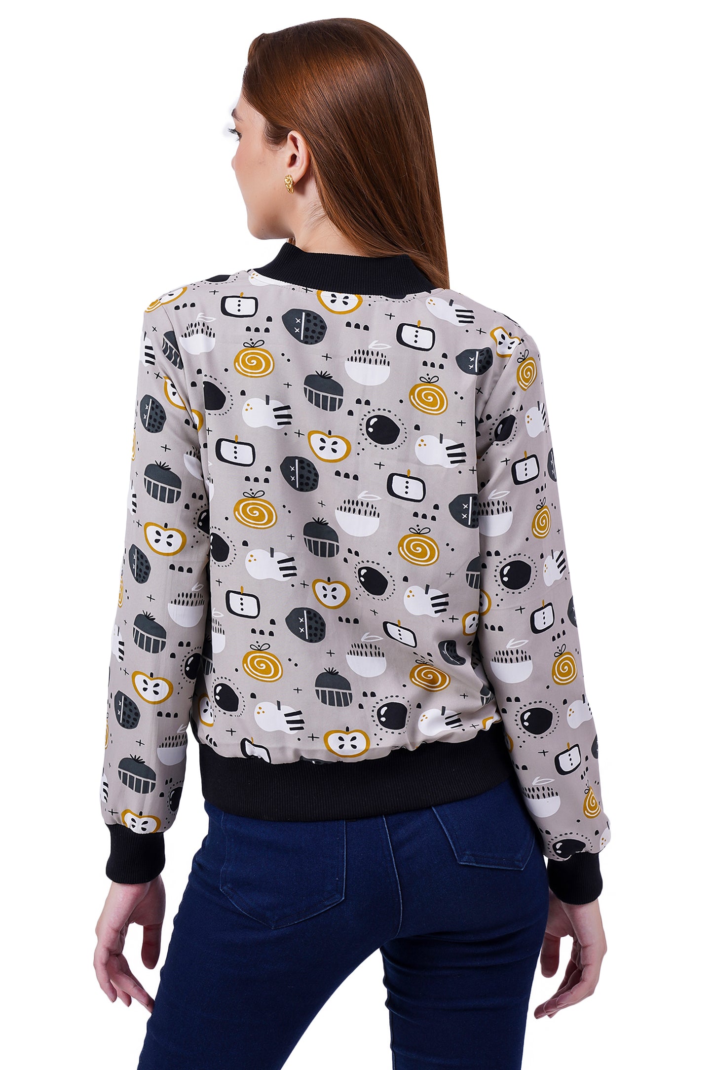 NUEVOSDAMAS Fruit Printed Grey Bomber Jacket