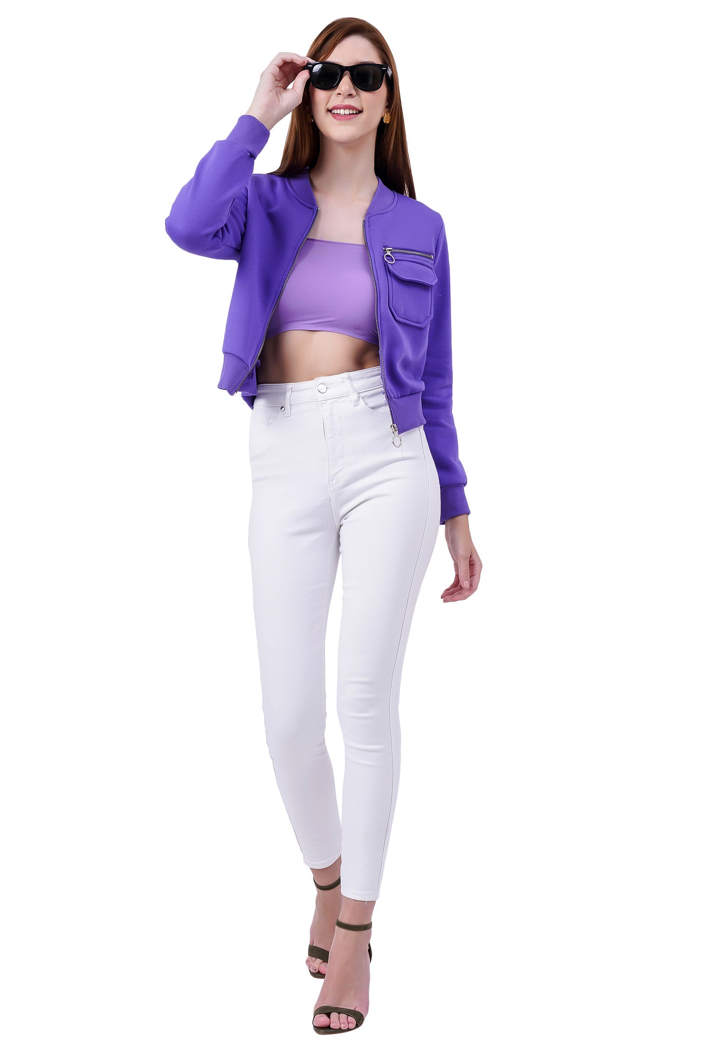 Women Full Sleeve Solid Fleece Jacket ( Purple )